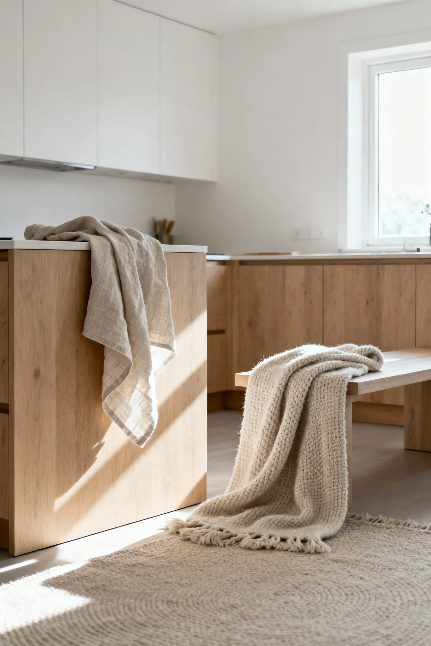 A Scandinavian kitchen featuring natural linen hand towels, a woven wool throw, and a textured cotton rug, enhancing organic softness and acoustic properties.