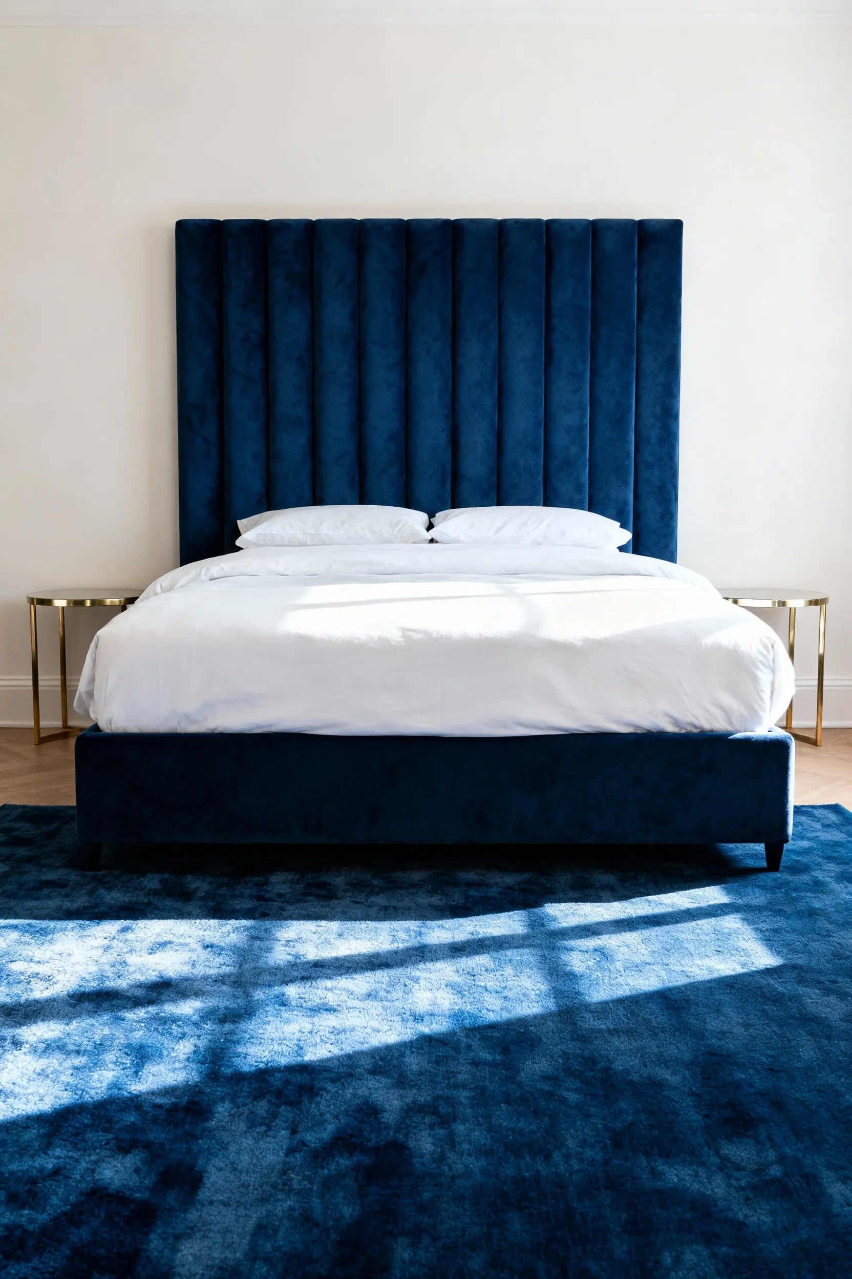 Expansive view of a blue bedroom featuring a substantial navy velvet upholstered headboard and a large indigo blue area rug acting as visual anchors on a neutral wall.