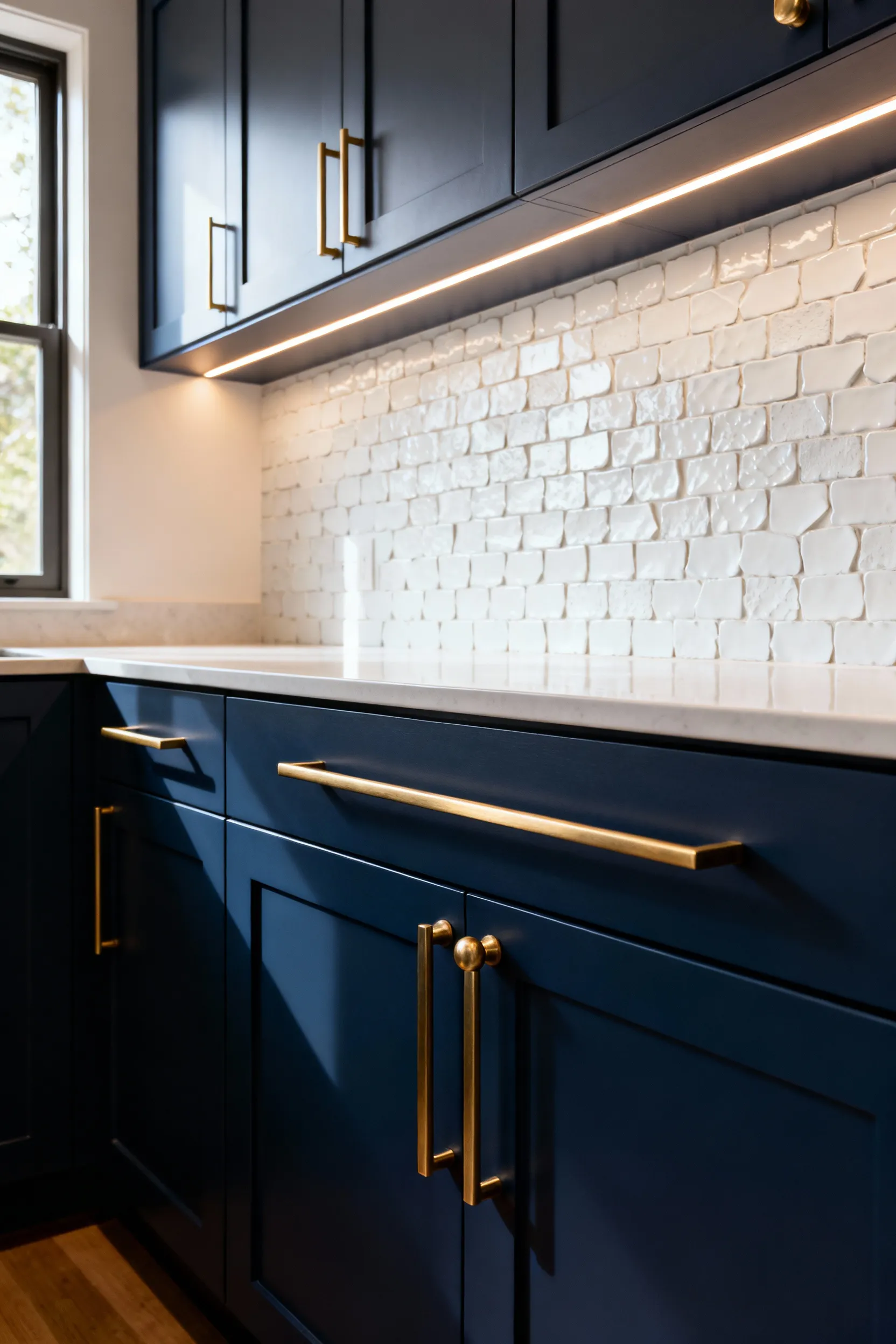Luxurious kitchen design featuring deep navy cabinetry contrasted with satin brass pull handles and a white textured Zellige tile backsplash.