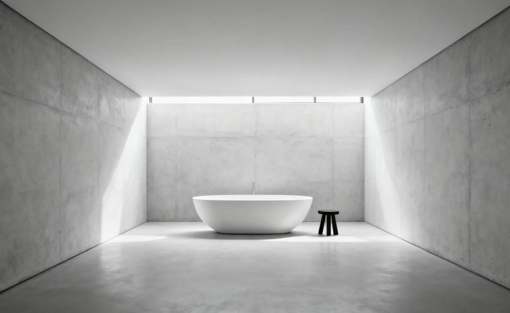 A minimalist bathroom with a pristine white freestanding bathtub against a vast, light concrete wall, emphasizing negative space and visual tranquility.