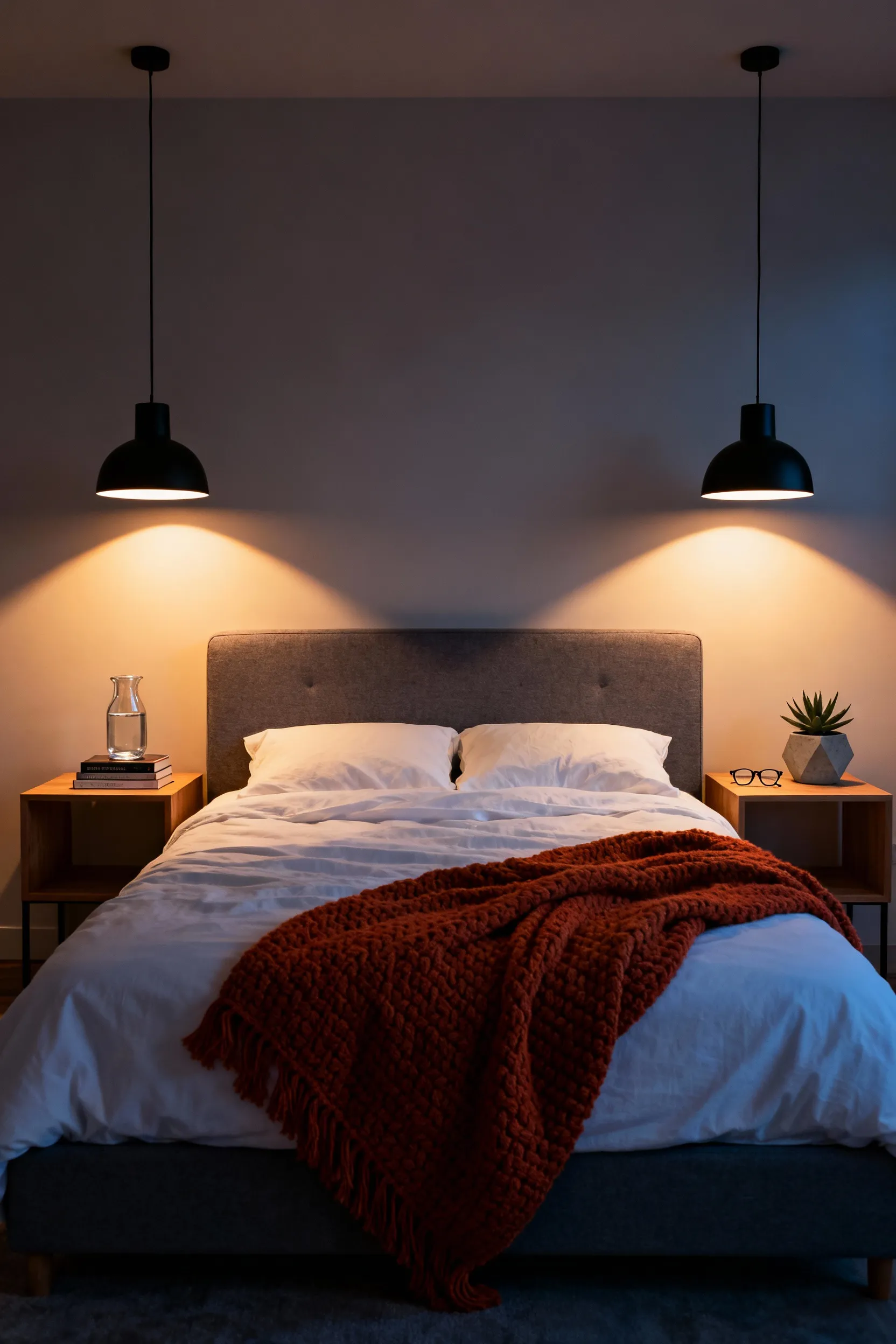Modern bedroom interior featuring low-hanging matte black pendant lights positioned above uncluttered nightstands, showcasing effective space reclamation through vertical lighting.