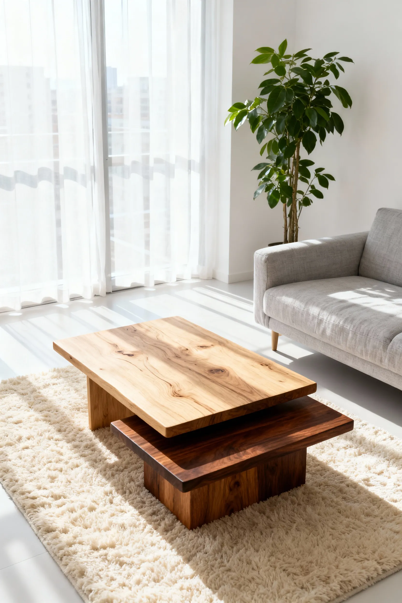 A cozy apartment living room featuring stark white walls and a light grey linen sofa, anchored by a pair of raw wood nesting coffee tables made of organic raw oak and dark walnut.