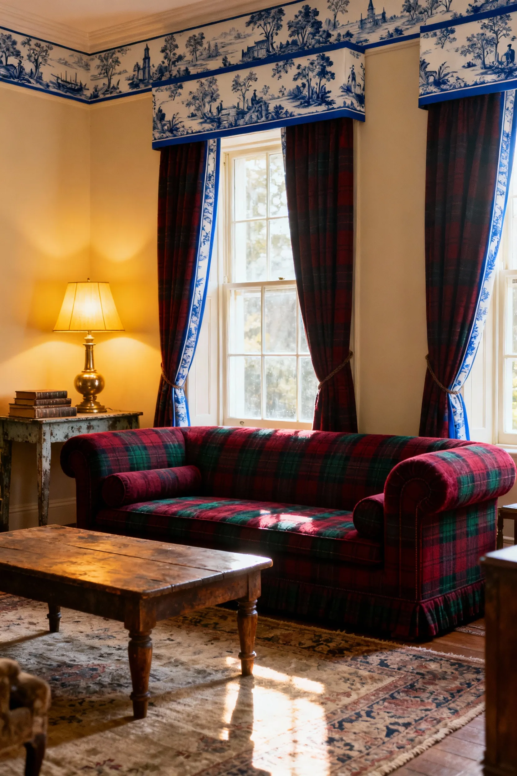 A cozy living room featuring traditional heritage patterns, including a tartan upholstered sofa and Toile de Jouy curtains, lit by warm golden hour light.