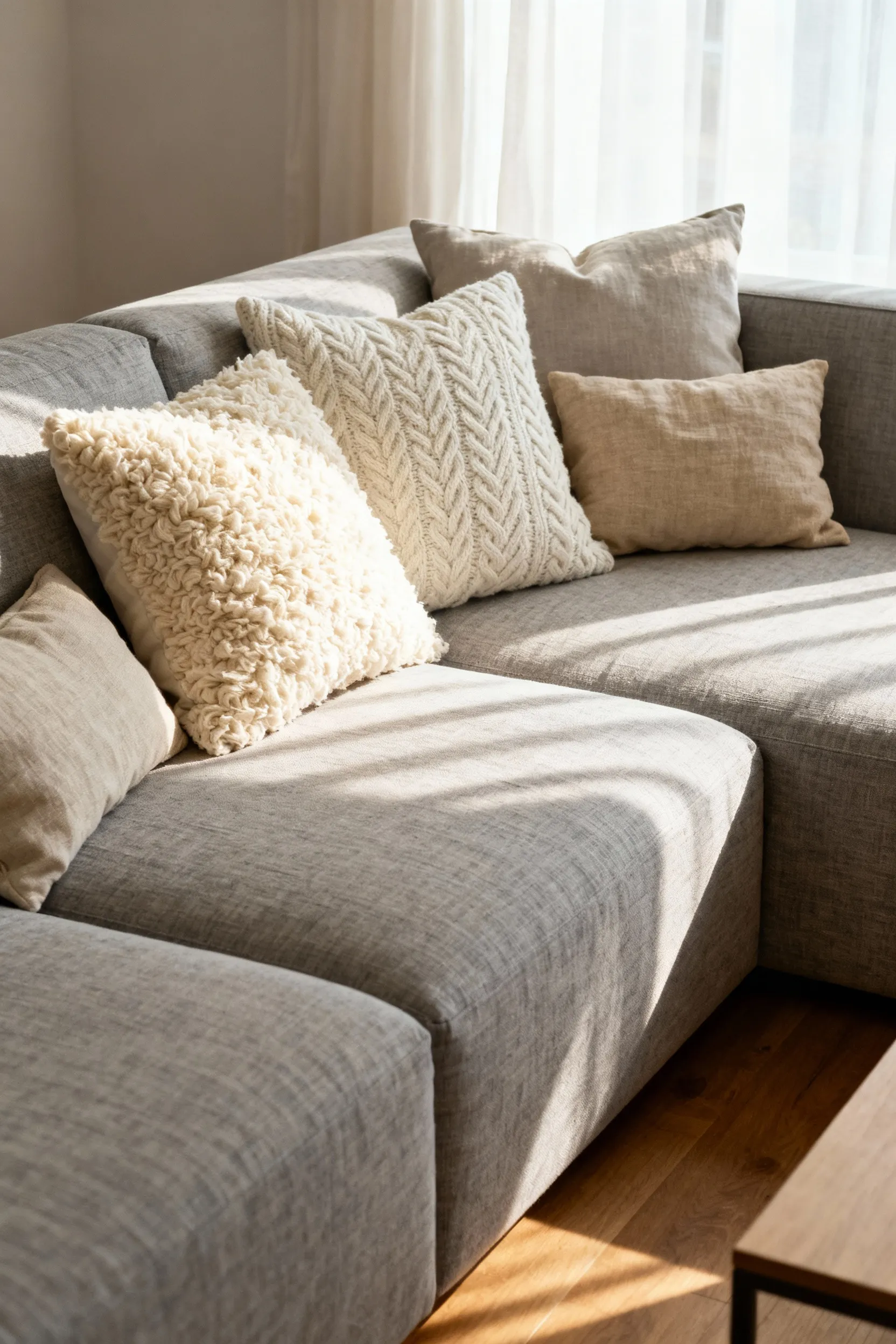 A sectional sofa in a small, cozy apartment featuring seven strategically arranged throw pillows showcasing varying textures like chunky bouclé and knitted wool to create visual intimacy.