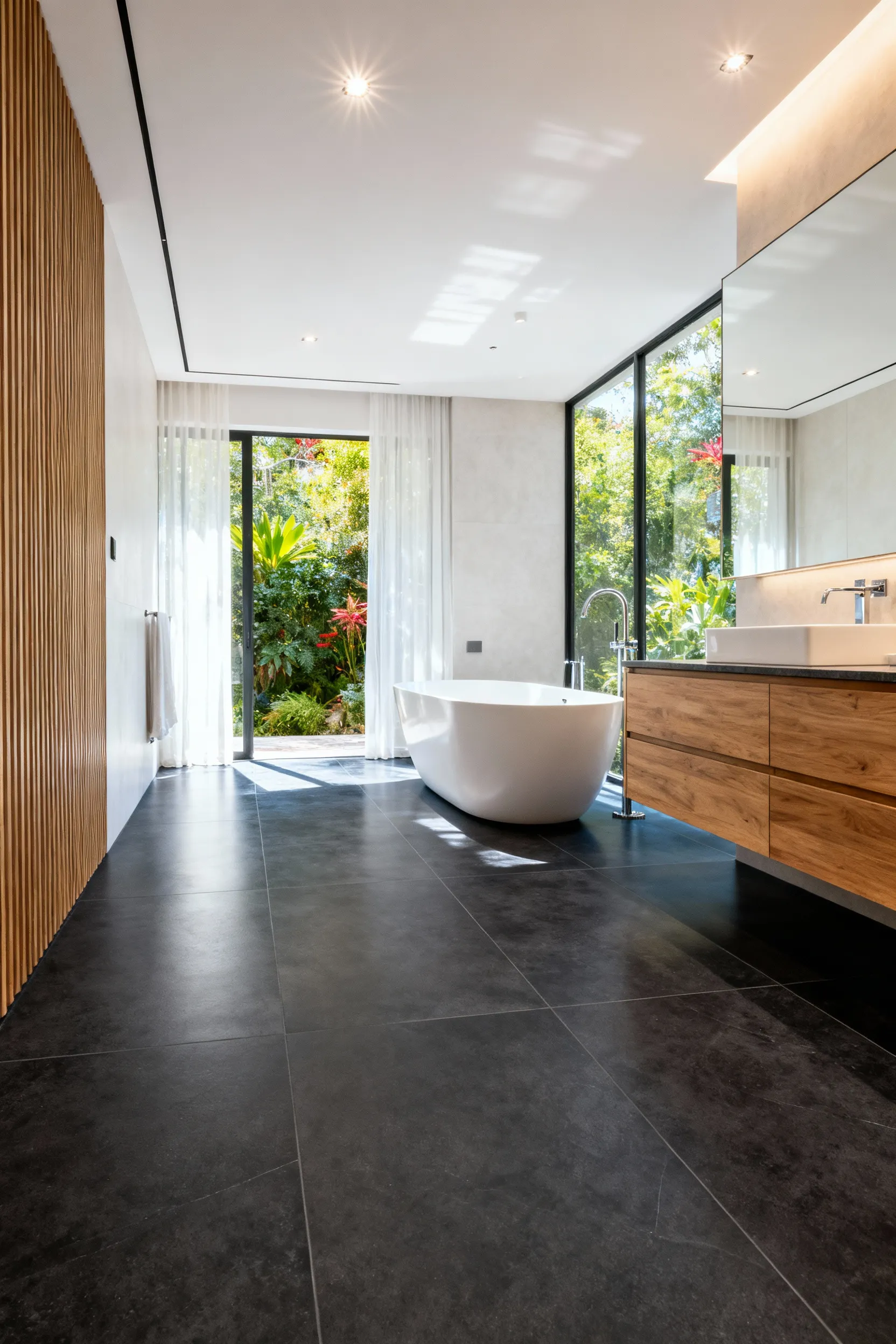 Architectural shot of large format, dense gray porcelain tiles in a modern bathroom, illustrating the non-porous durability achieved through vitrification.