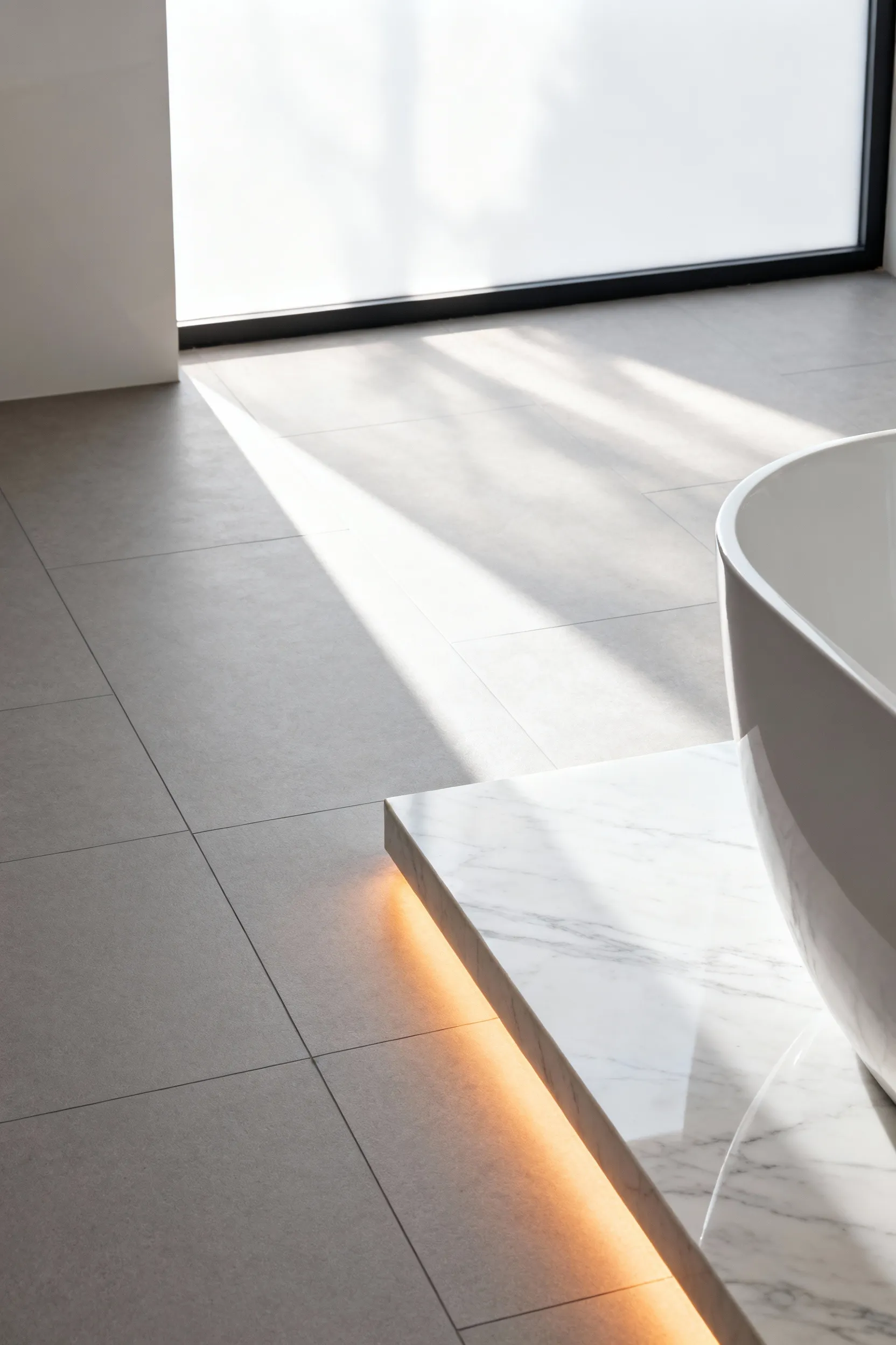 A wide architectural view of a modern bathroom floor showing the transition between dense light grey porcelain tiles and polished white Carrara marble slabs, illustrating materials used for radiant heating.
