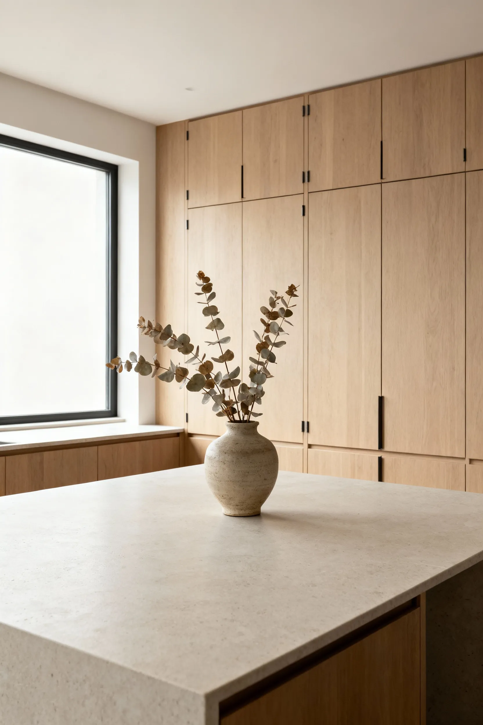 A minimalist Scandinavian kitchen with clear honed stone countertops, light wood cabinetry, and a single ceramic vase, emphasizing a decluttered, visually calm aesthetic under soft natural light.