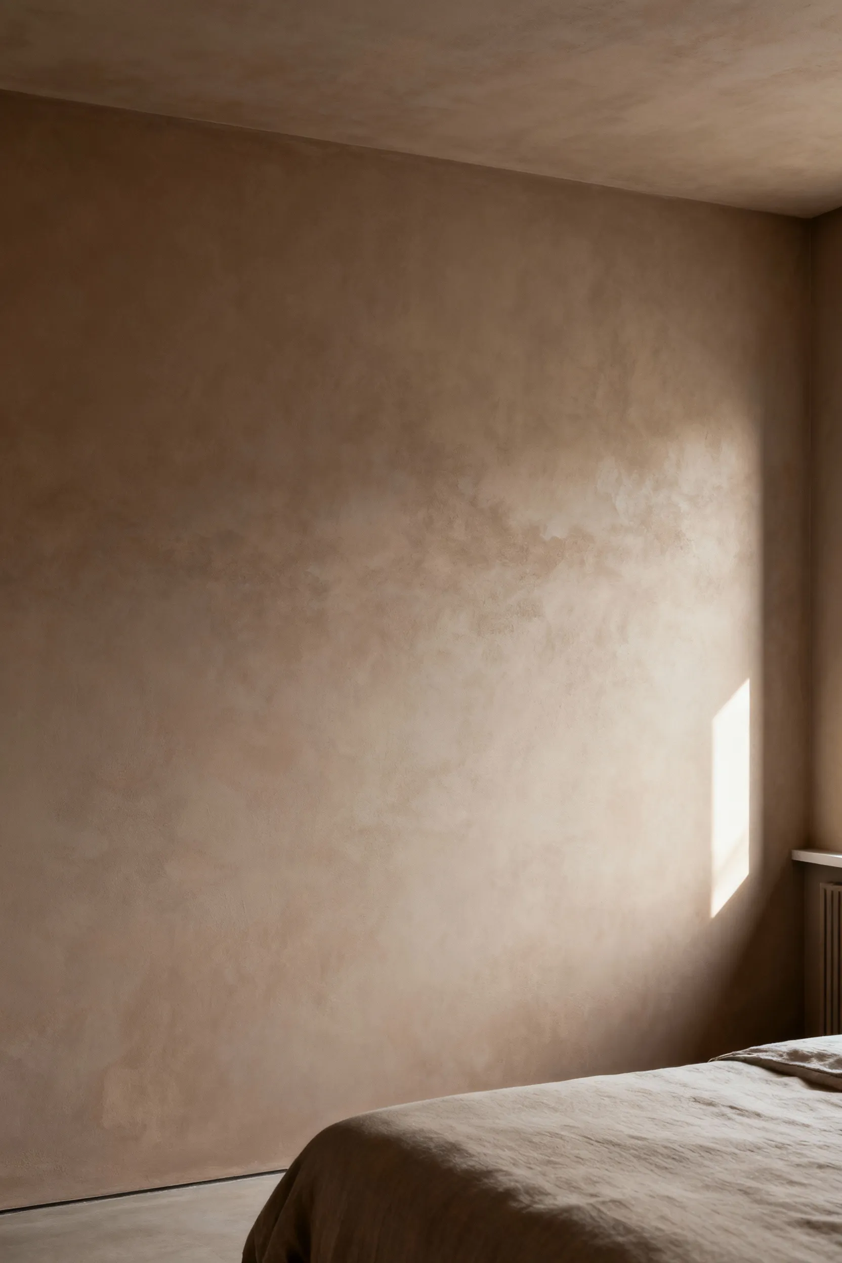 Modern bedroom wall painted with low-VOC, natural pigment paint, promoting pure air and a healthier interior.