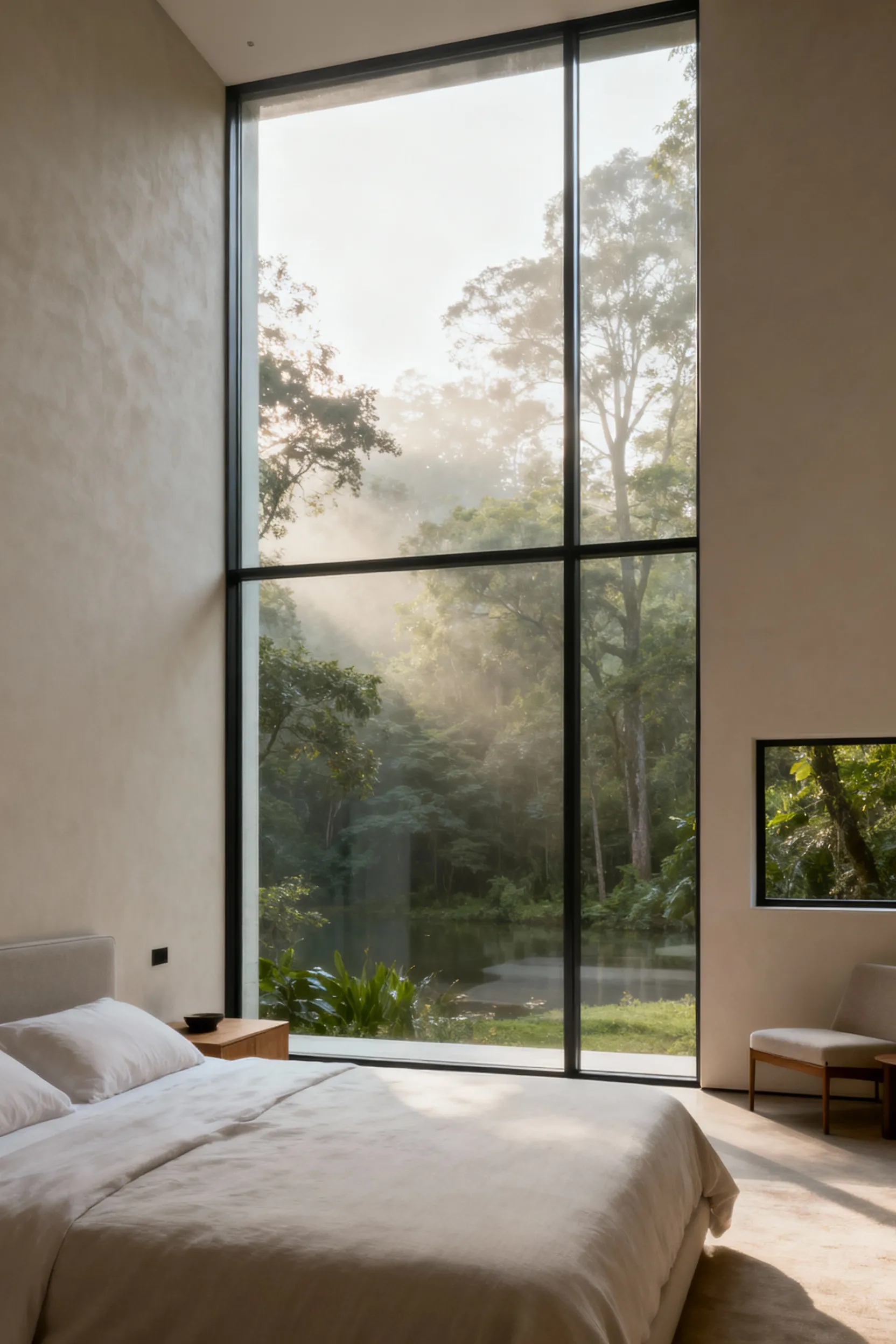 Modern bedroom with expansive floor-to-ceiling windows showcasing natural light and an outdoor vista, sleek minimalist design, no people.