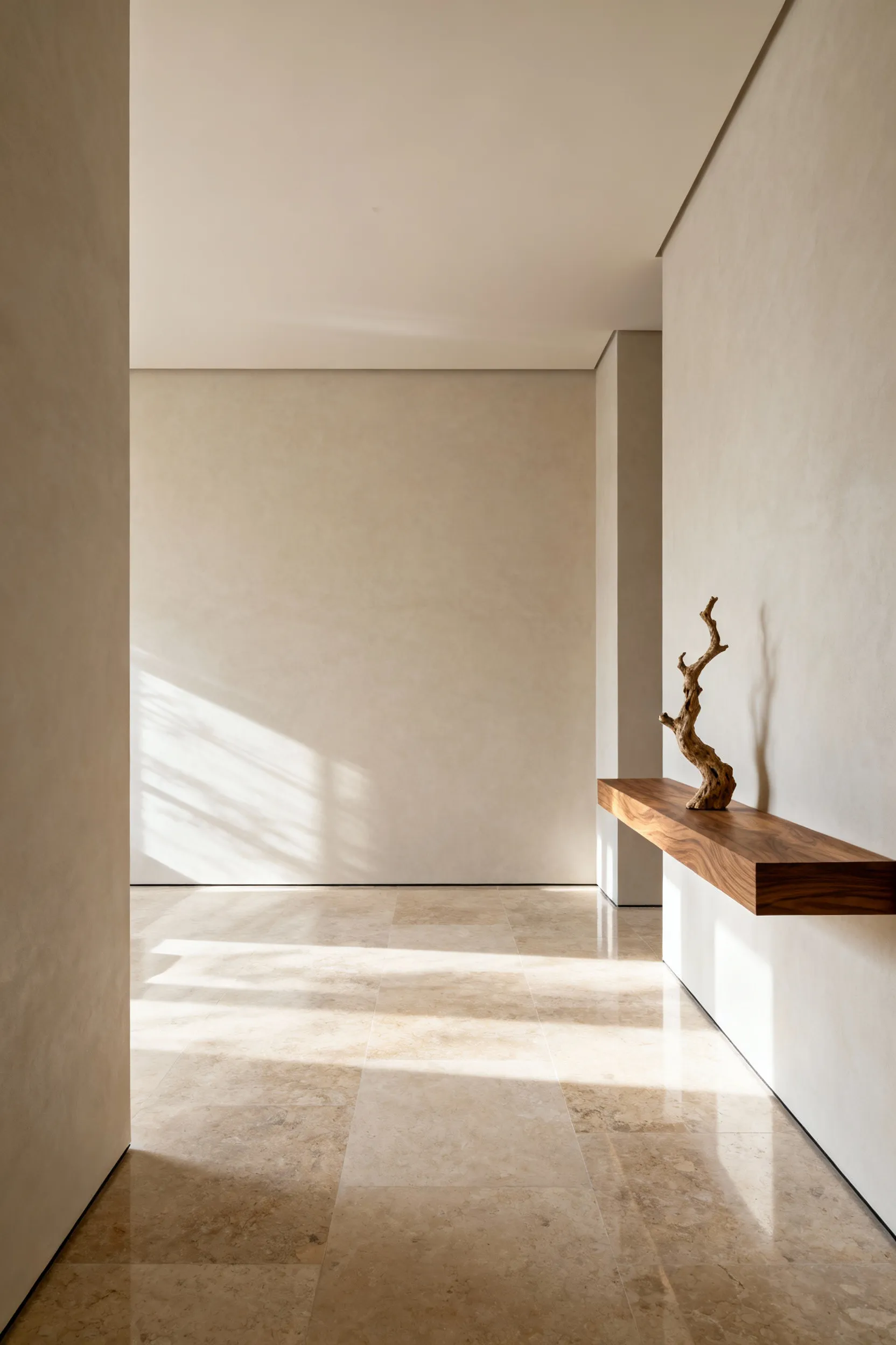 A modern bedroom designed with curated negative space, featuring large, matte-finished walls, built-in shelving, a single sculptural natural element, and soft diffused natural light, emphasizing visual calm and clarity.