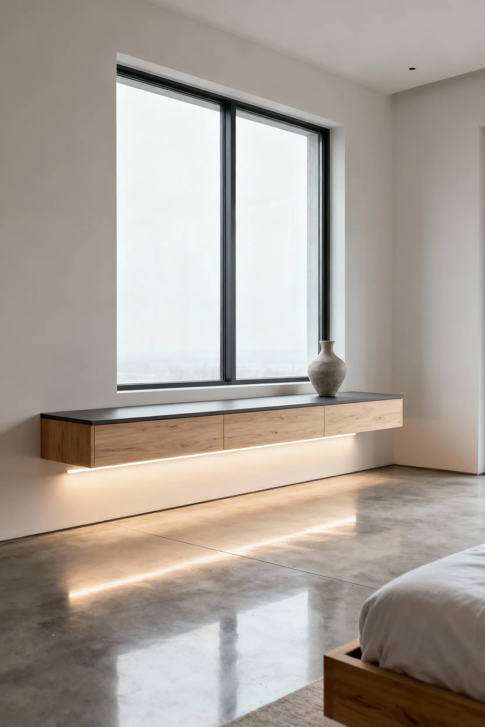 Modern bedroom interior with a minimalist floating storage console in cerused oak and matte lacquered MDF, illuminated by hidden LED strip lighting, showcasing an uncluttered concrete floor and promoting visual spaciousness.