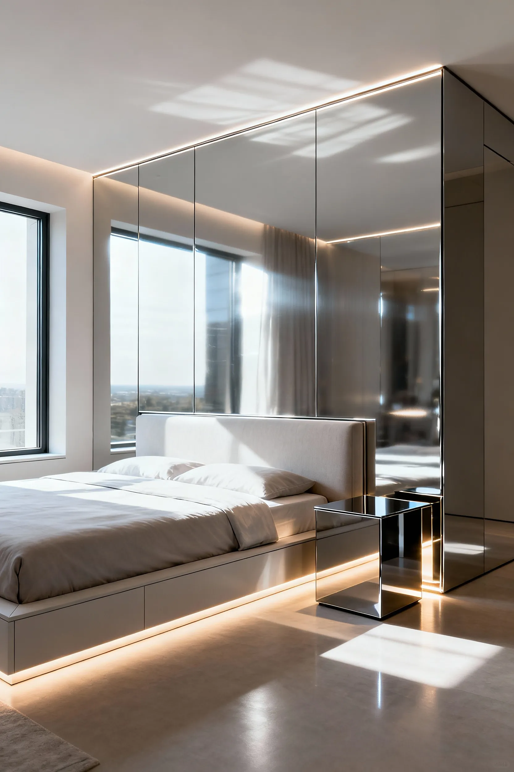 A modern bedroom featuring a floor-to-ceiling polished chrome reflective panel that visually expands the room and enhances natural light.