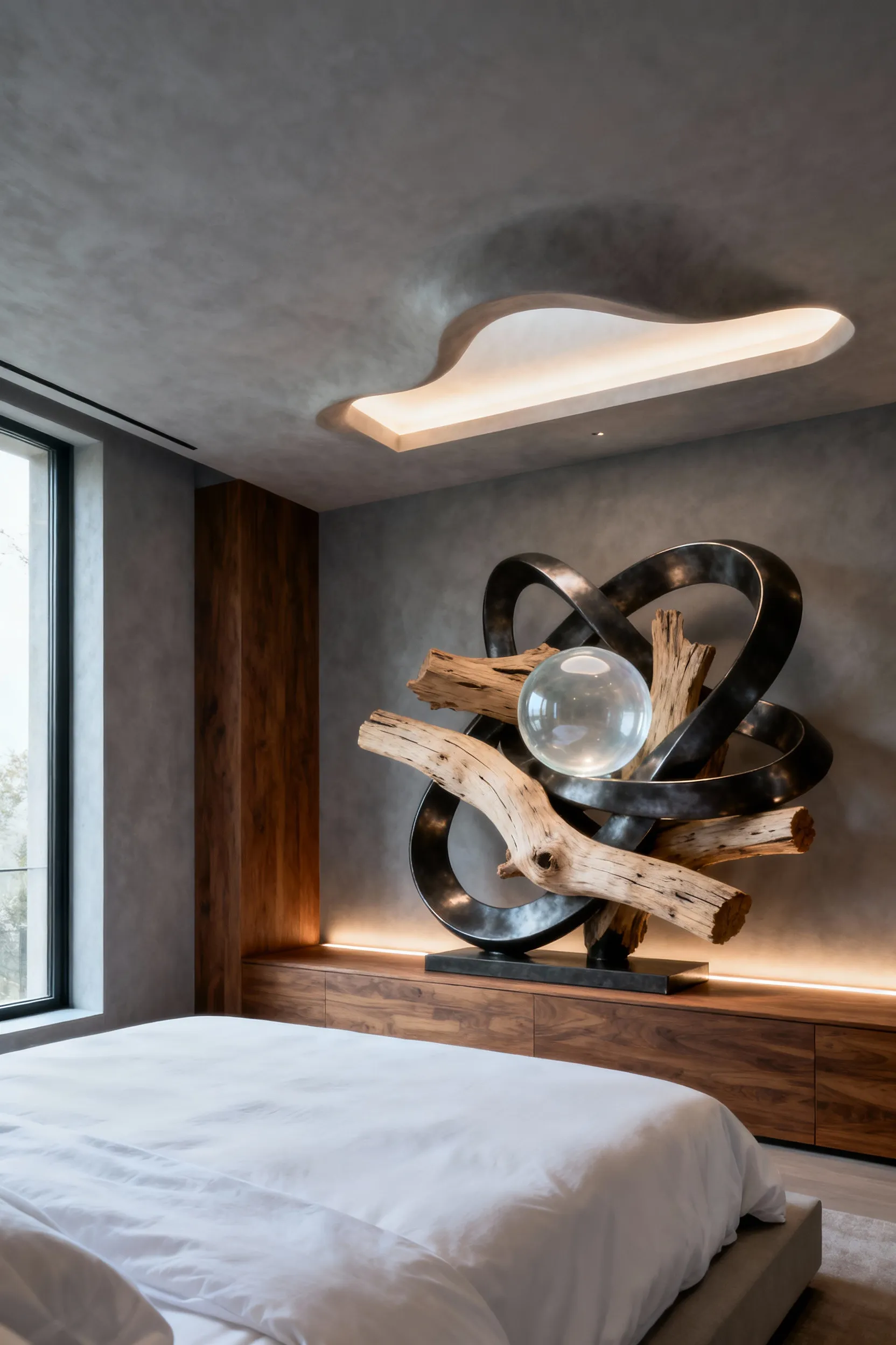 Modern bedroom featuring a large, abstract art installation made from mixed materials like polished metal, natural wood, and glass, serving as a dynamic focal point above a minimalist bed.