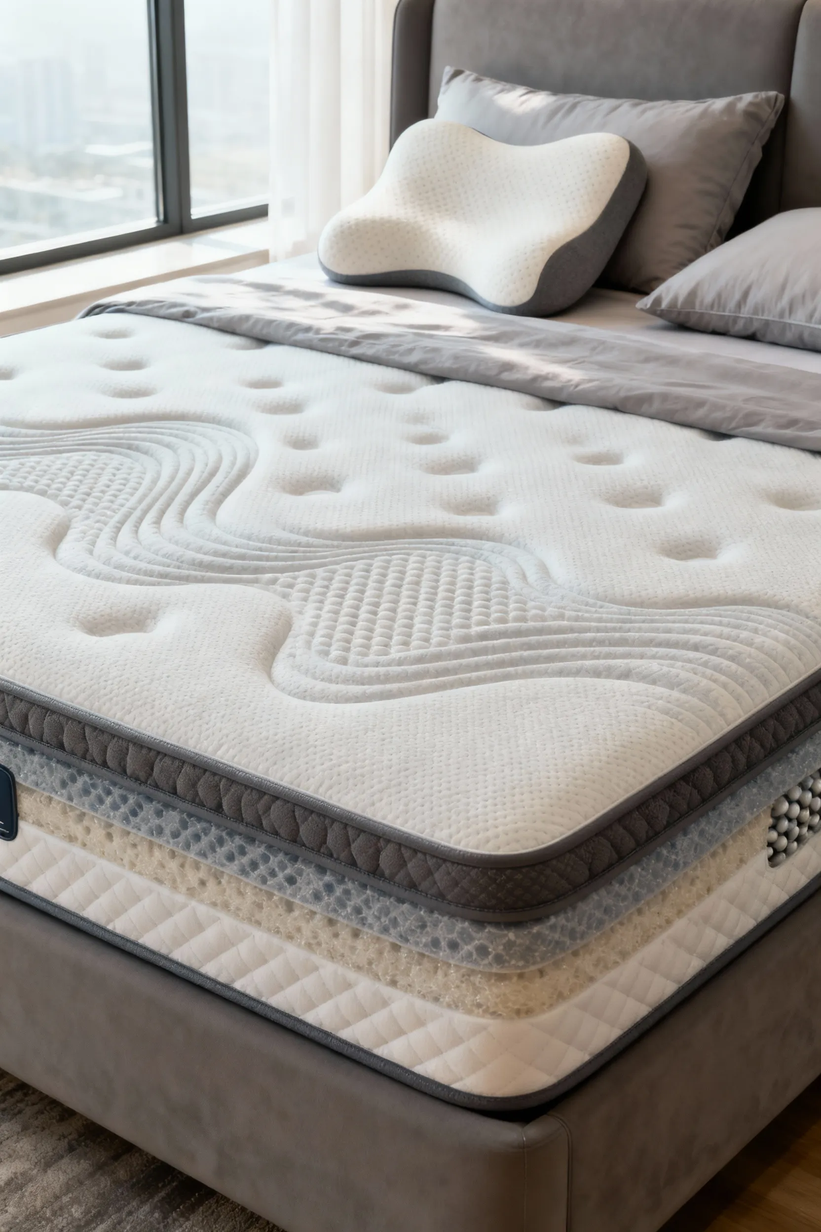 Modern bedroom with a multi-layered hybrid mattress and ergonomic pillows showcasing advanced sleep technology, under soft natural light.