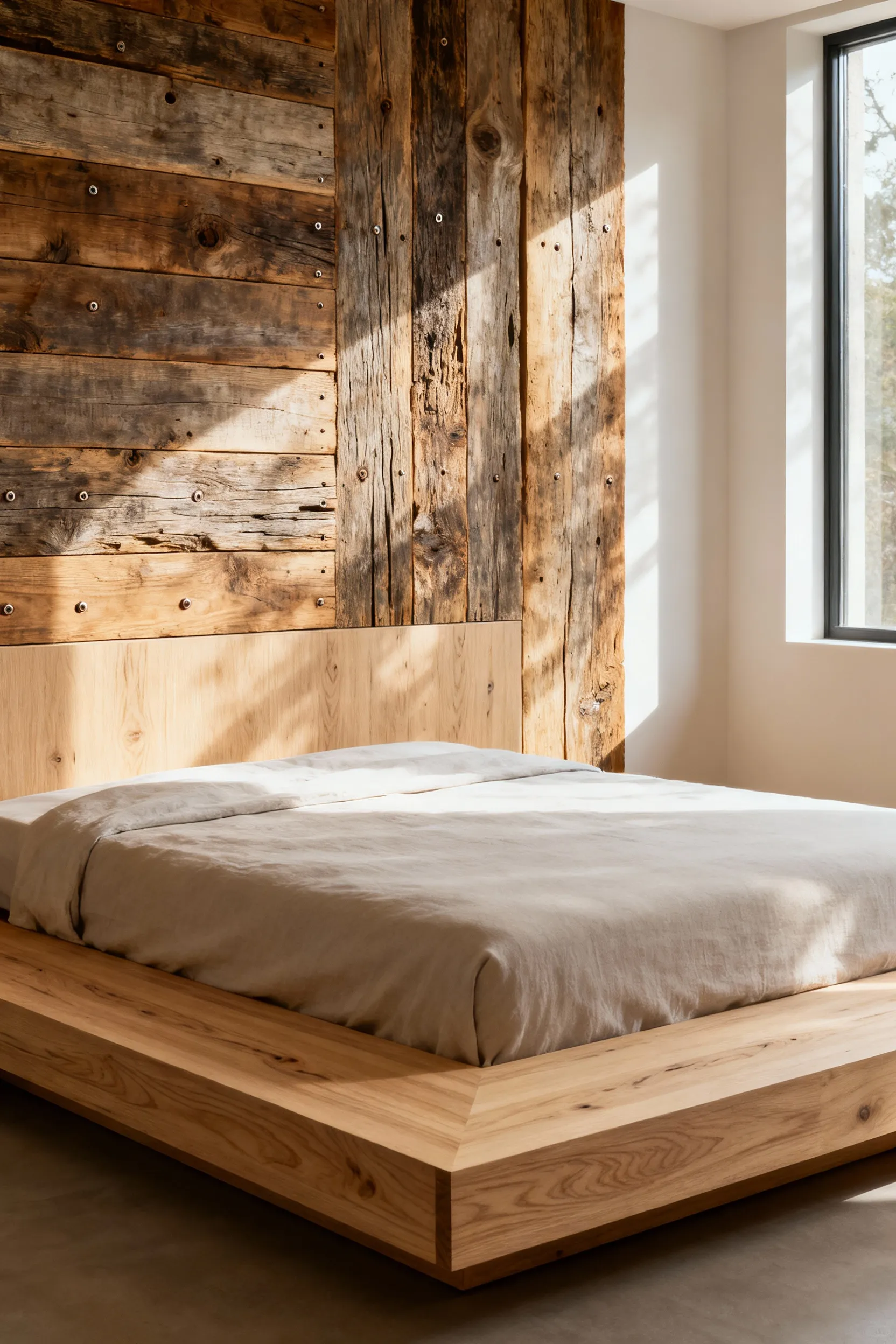 Modern bedroom featuring a platform bed made of sustainable white oak and a reclaimed Douglas Fir accent wall, emphasizing organic warmth.