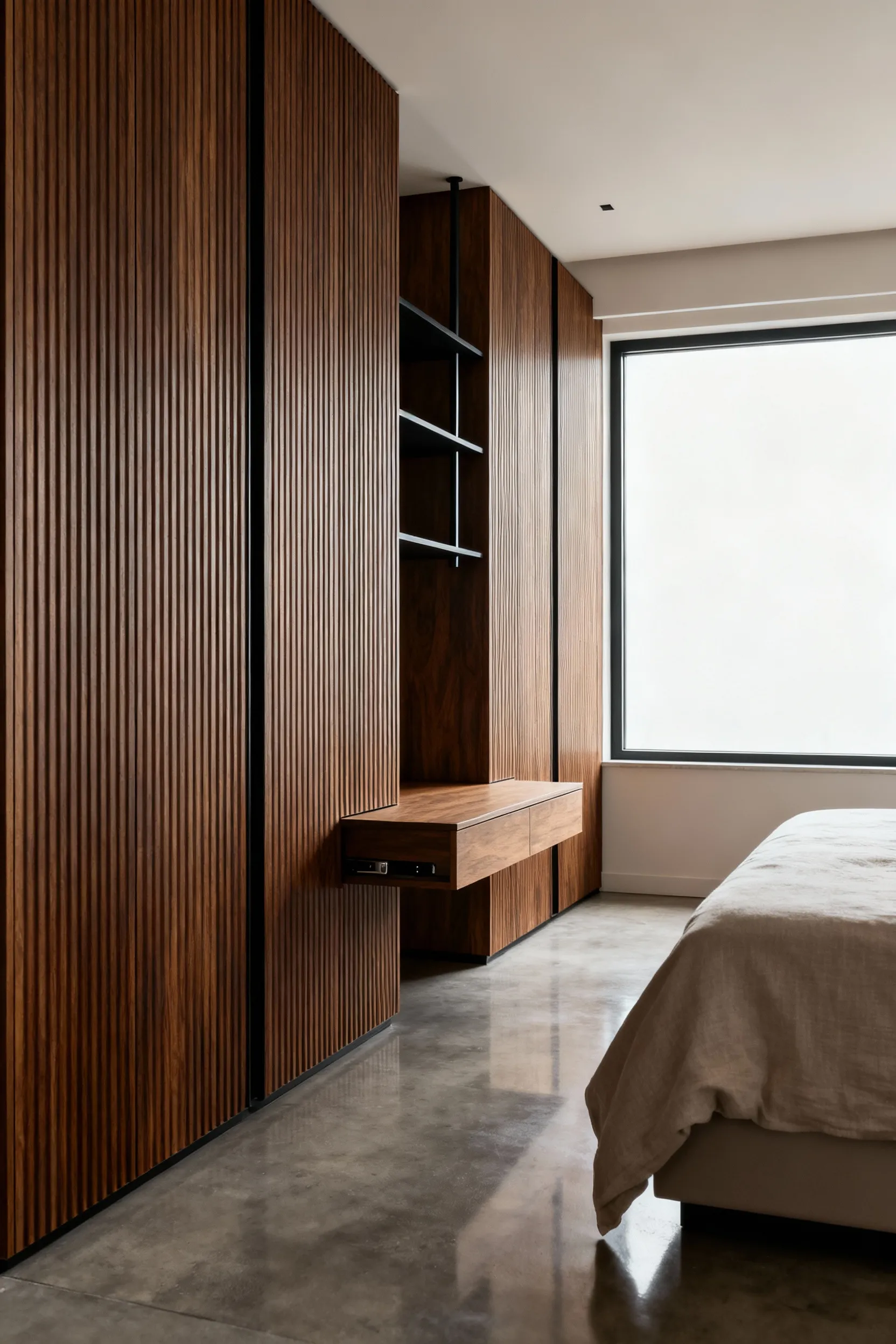 Modern bedroom with bespoke walnut fluted cabinetry and integrated millwork, featuring polished concrete details and sleek lines, creating a functional and serene space.