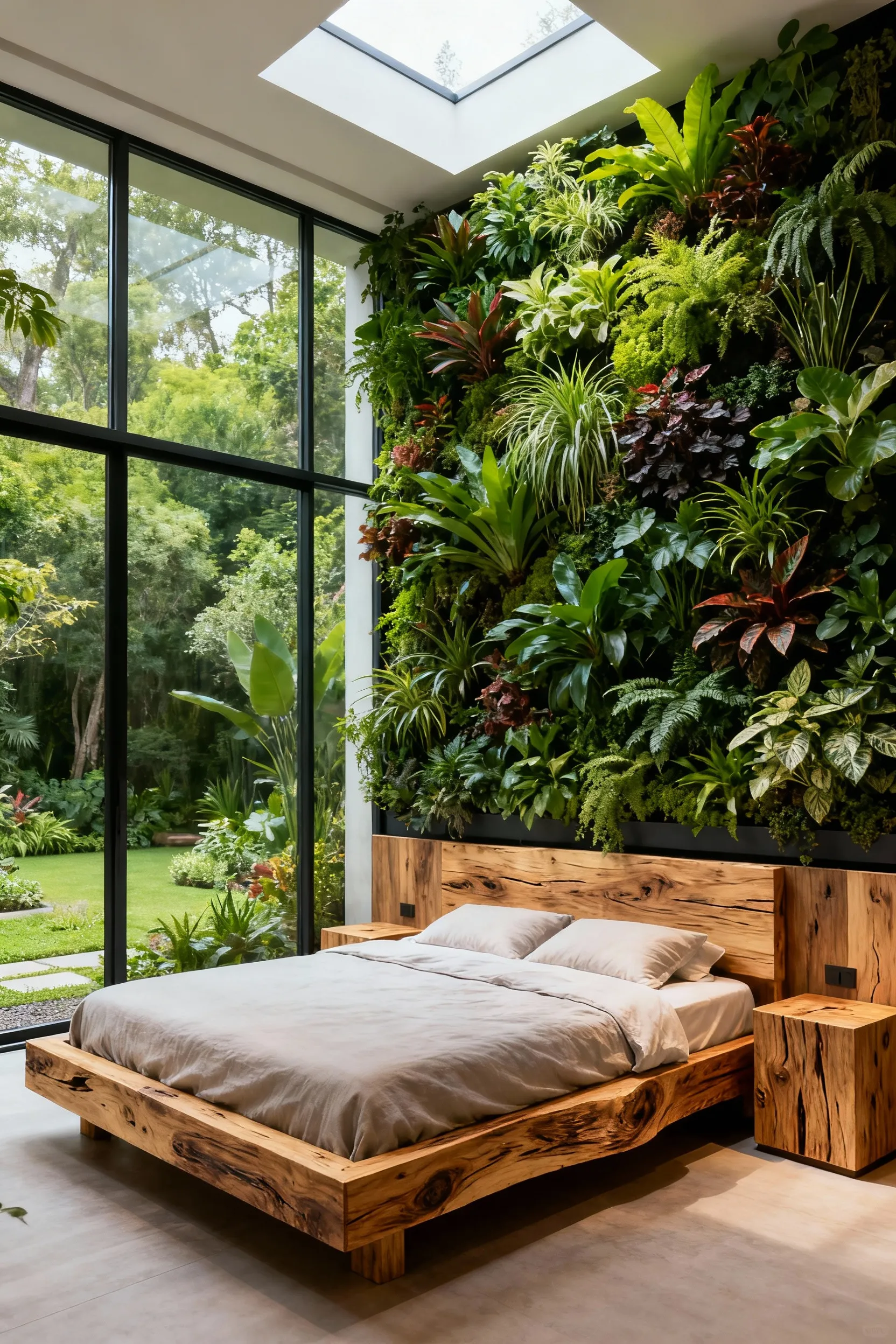 Modern bedroom with biophilic design featuring a vertical garden, large window with outdoor garden view, natural wood furniture, and soft daylight.