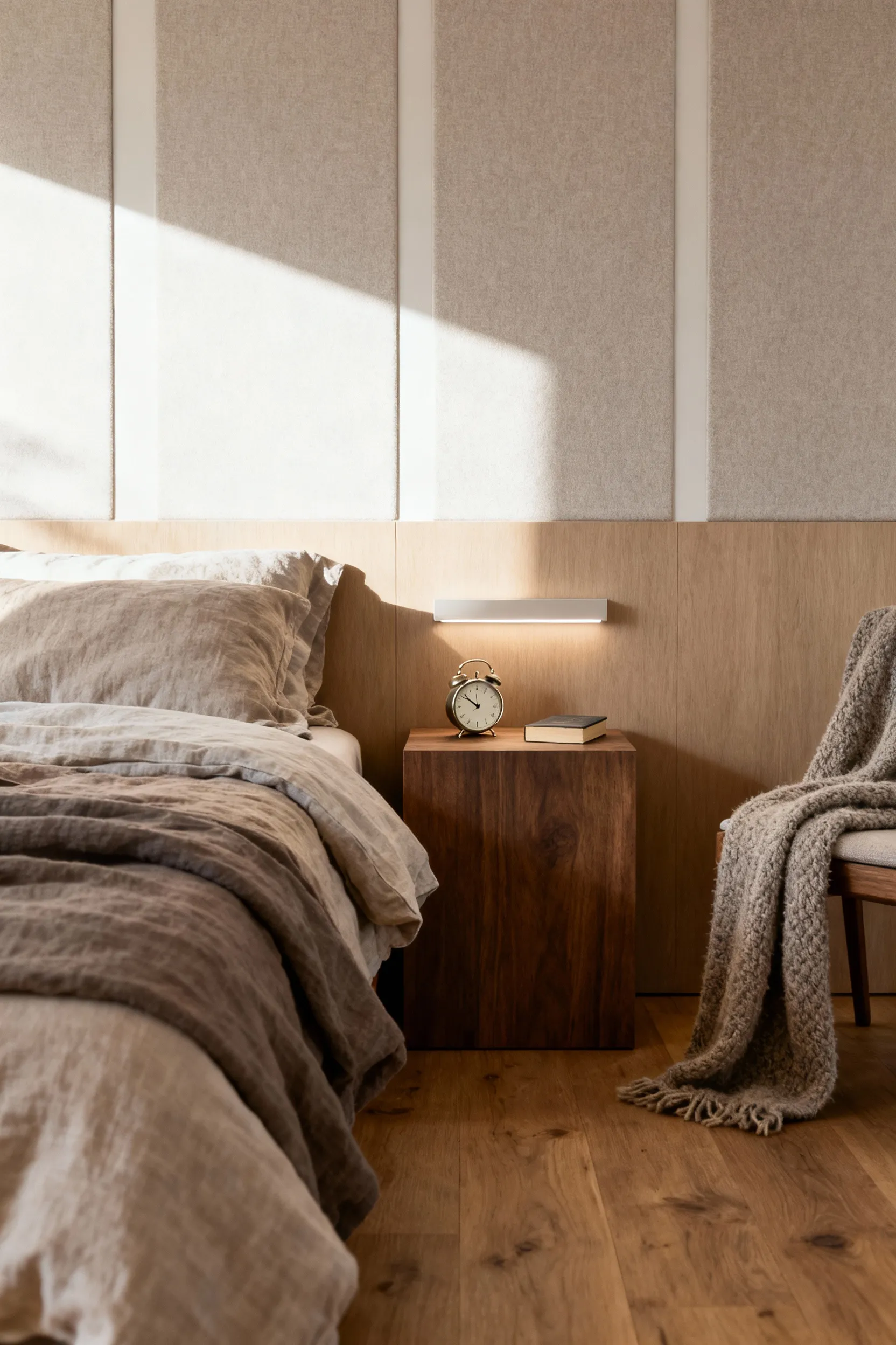 Serene, tech-free modern bedroom with a comfortable bed, natural linen, a wooden nightstand, and an analog alarm clock, promoting digital detox and restorative sleep.