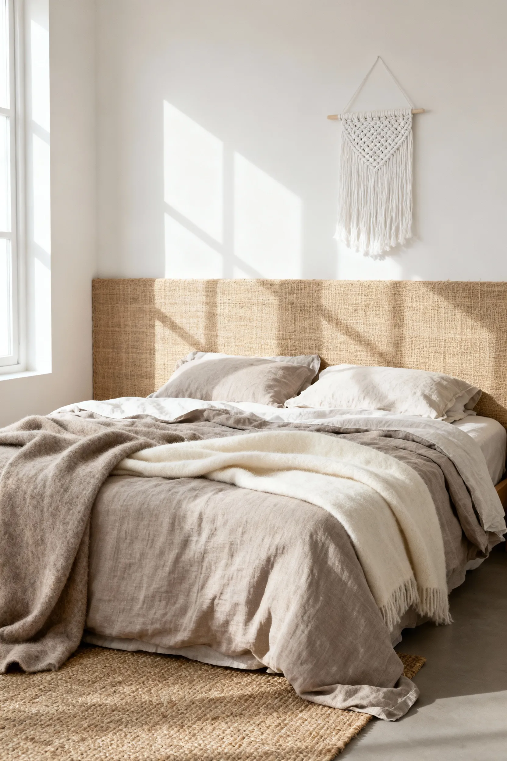 Modern bedroom featuring a layered bed with undyed organic cotton and linen bedding, a textured jute rug, woven headboard, and macrame wall art, showcasing natural fiber textures in a neutral palette.