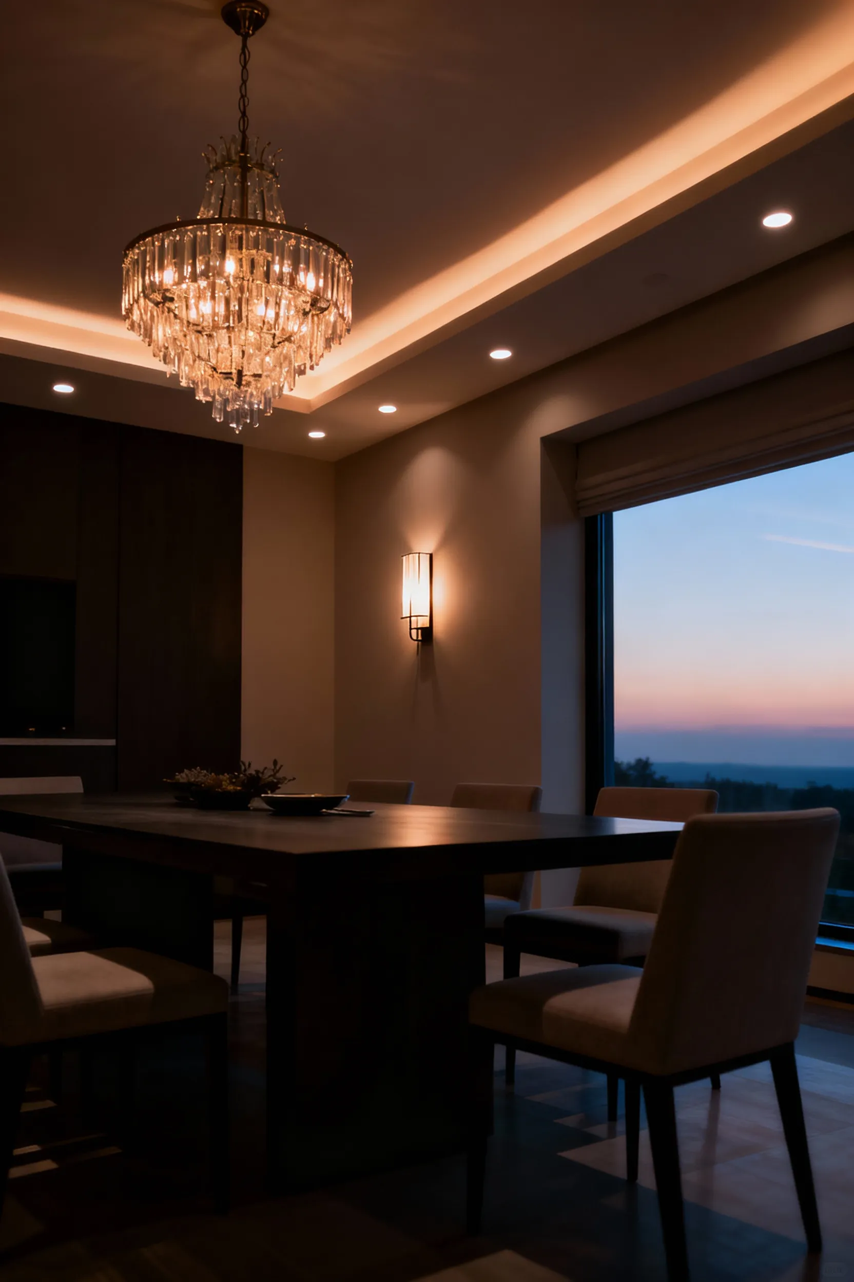 A professional wide-angle photo of an elegant dining room interior at dusk, featuring a dimmed chandelier over a table, recessed lighting, and a wall sconce, all contributing to a soft, dynamic lighting atmosphere controlled by unseen dimmer switches.