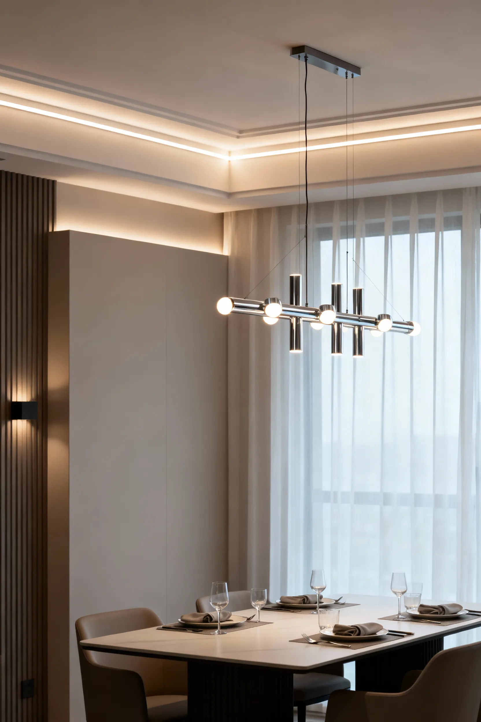 An elegant, modern dining room showcasing an LED retrofitted chandelier and integrated cove lighting, highlighting energy efficiency and superior tunable white light quality in a professionally designed space with no people present.