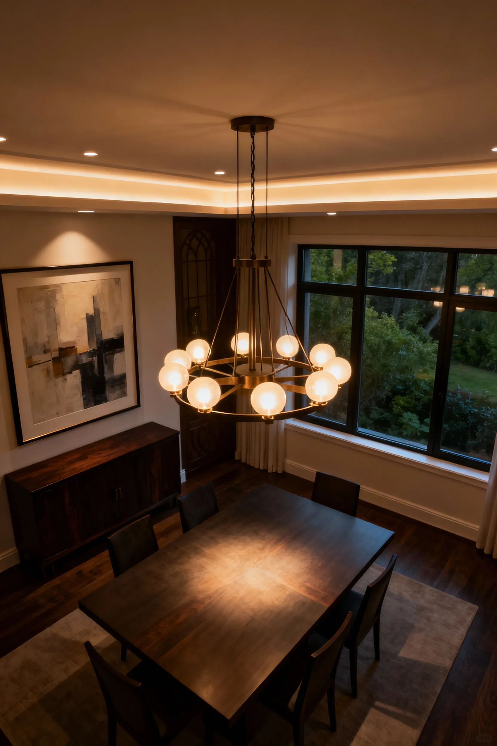 Luxurious dining room with bespoke lighting fixtures and a professionally designed custom lighting plan, showcasing elegant pendant lights over a large dining table and strategic recessed lighting for optimal ambiance.