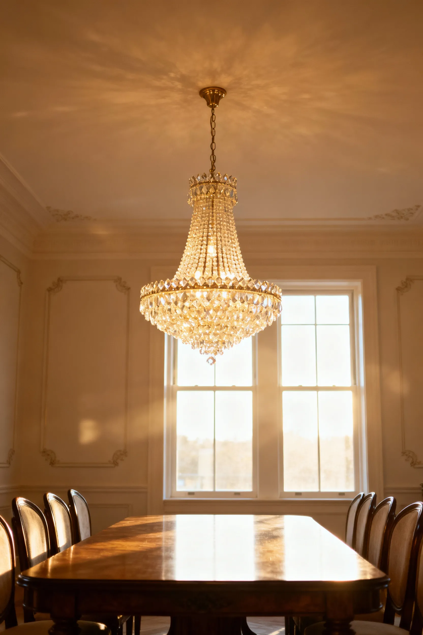 A perfectly sized chandelier hanging above a dining table in a modern dining room, demonstrating optimal chandelier placement for visual balance and ideal illumination without showing measurement tools.