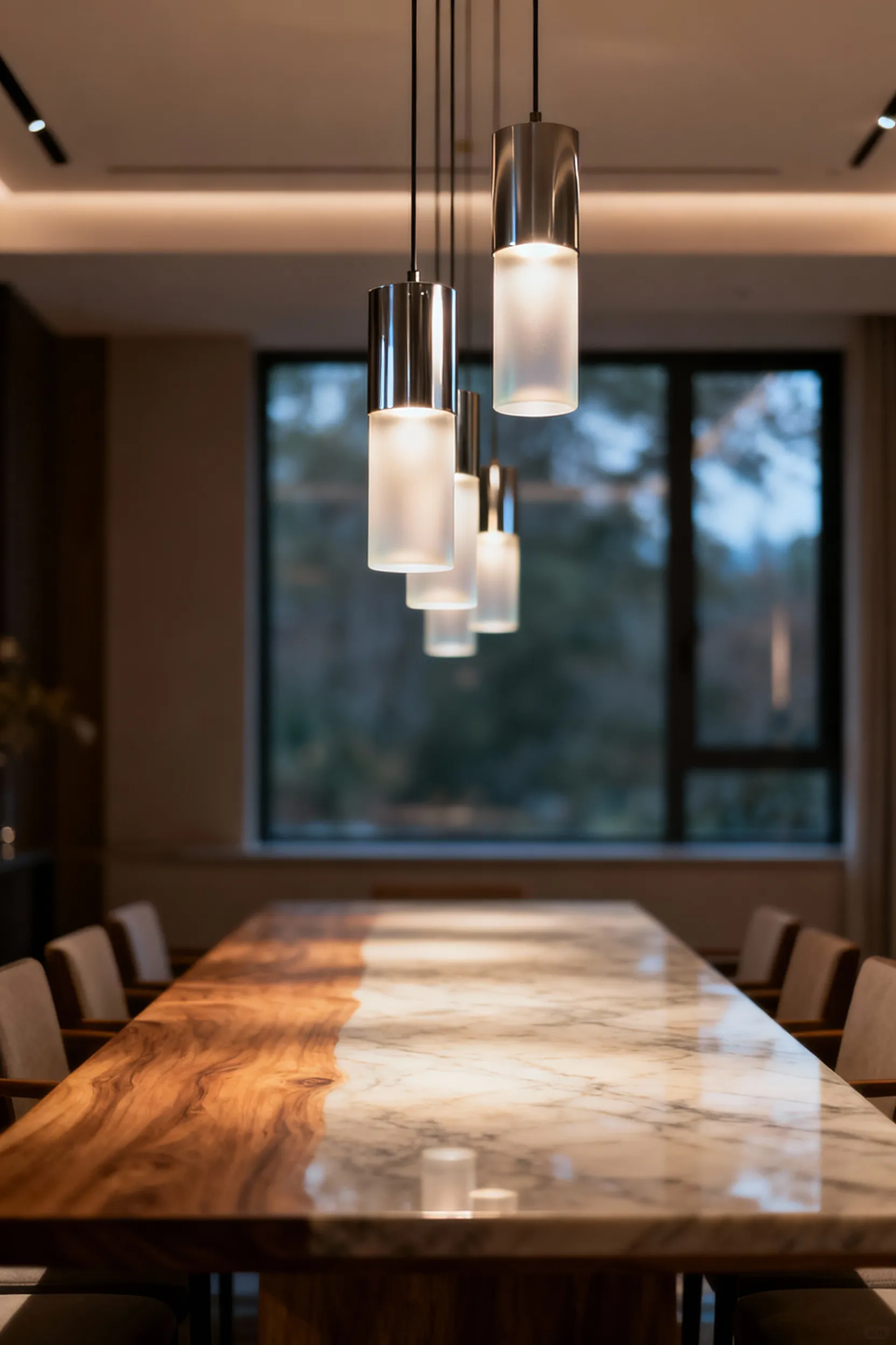 An expertly designed dining room with an expansive, elegant table featuring three modern pendant lights perfectly spaced to provide uniform illumination. The lights cast a warm, inviting glow over the tabletop, showcasing sophisticated dining room lighting.