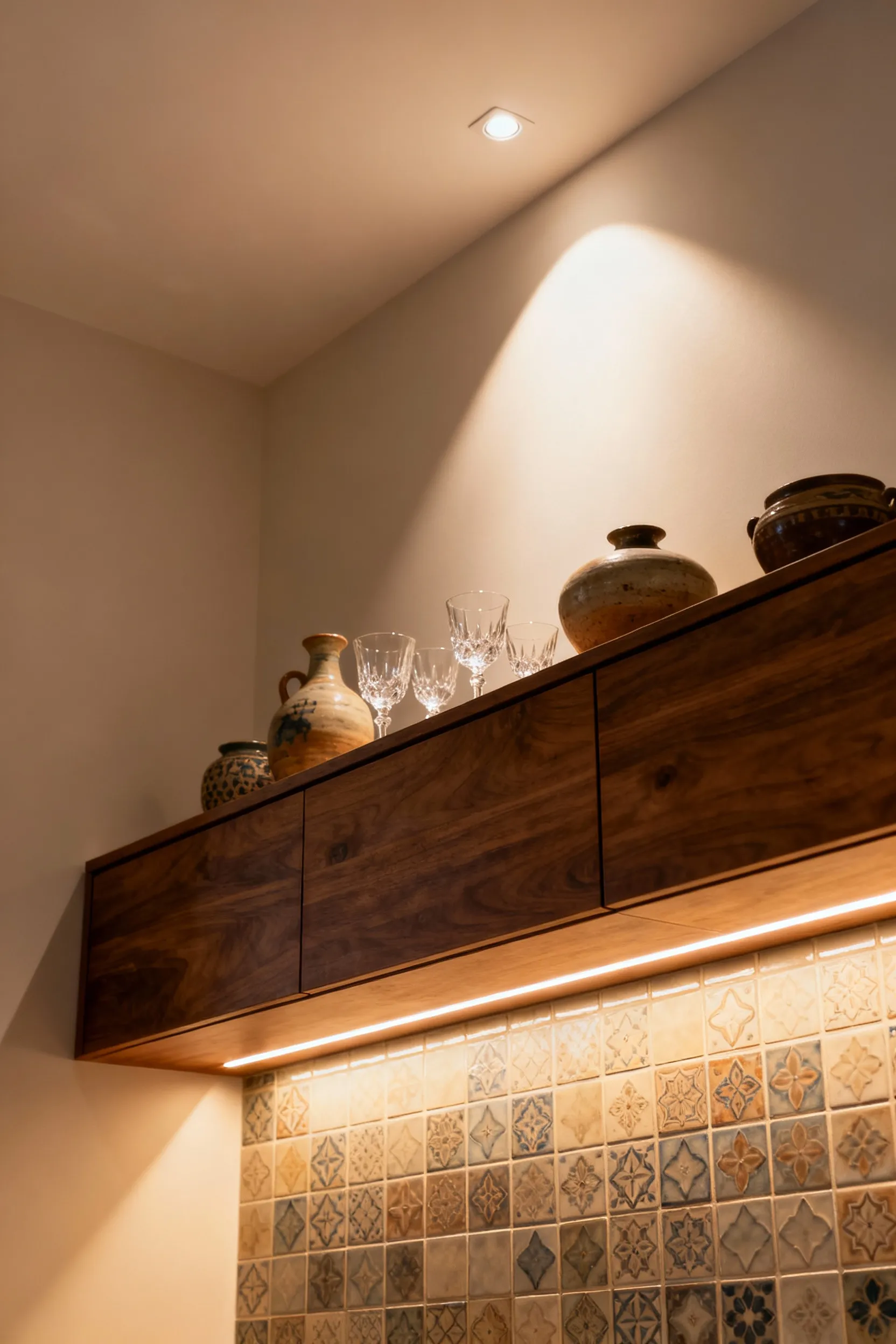 Portrait view of a dining room buffet with warm under-cabinet LED lighting illuminating artisanal pottery and decorative wall tiles.
