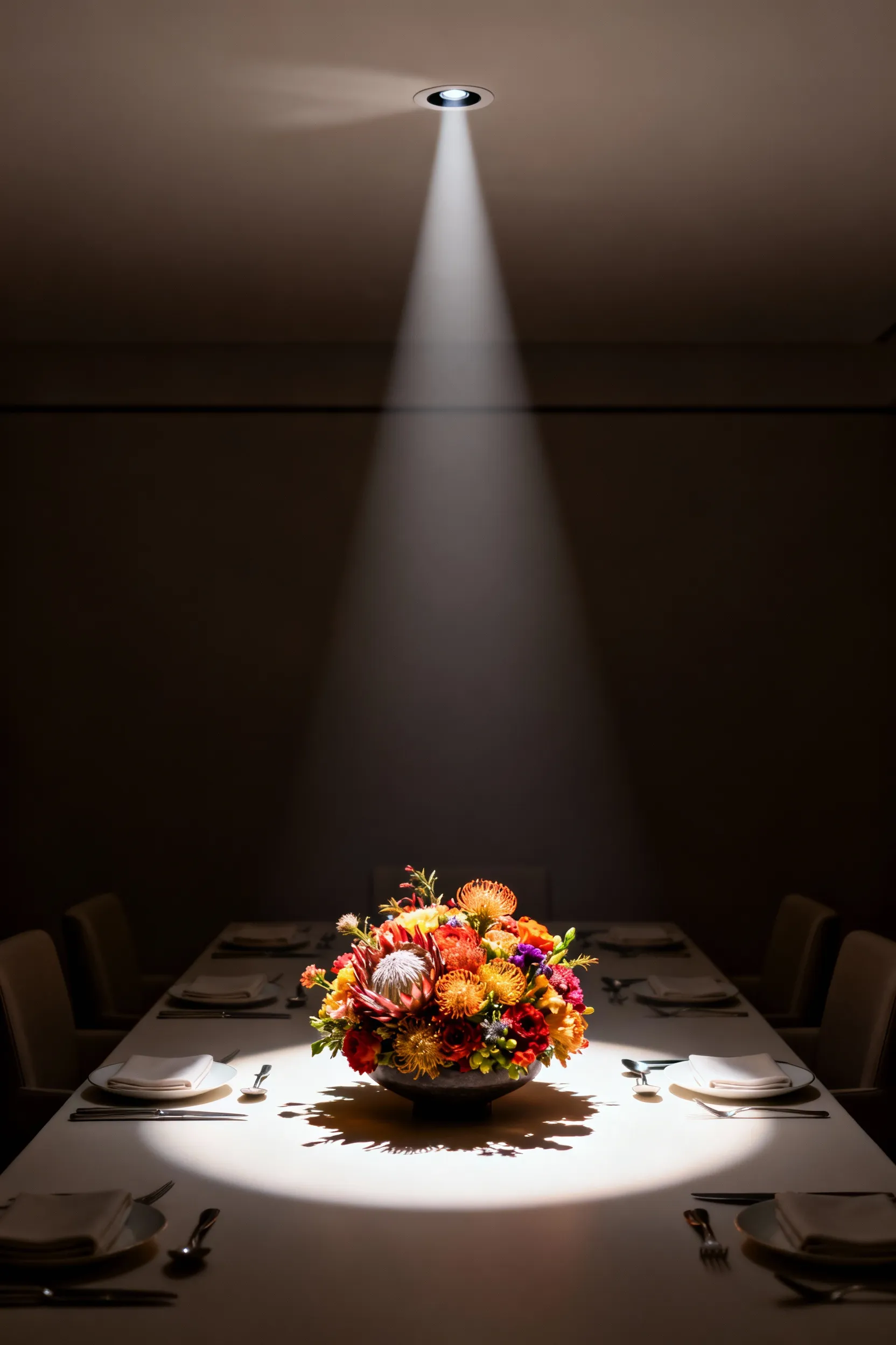 A precisely lit floral centerpiece on an elegant dining table, showcasing a narrow beam angle from a recessed light above, creating a dramatic focal point.