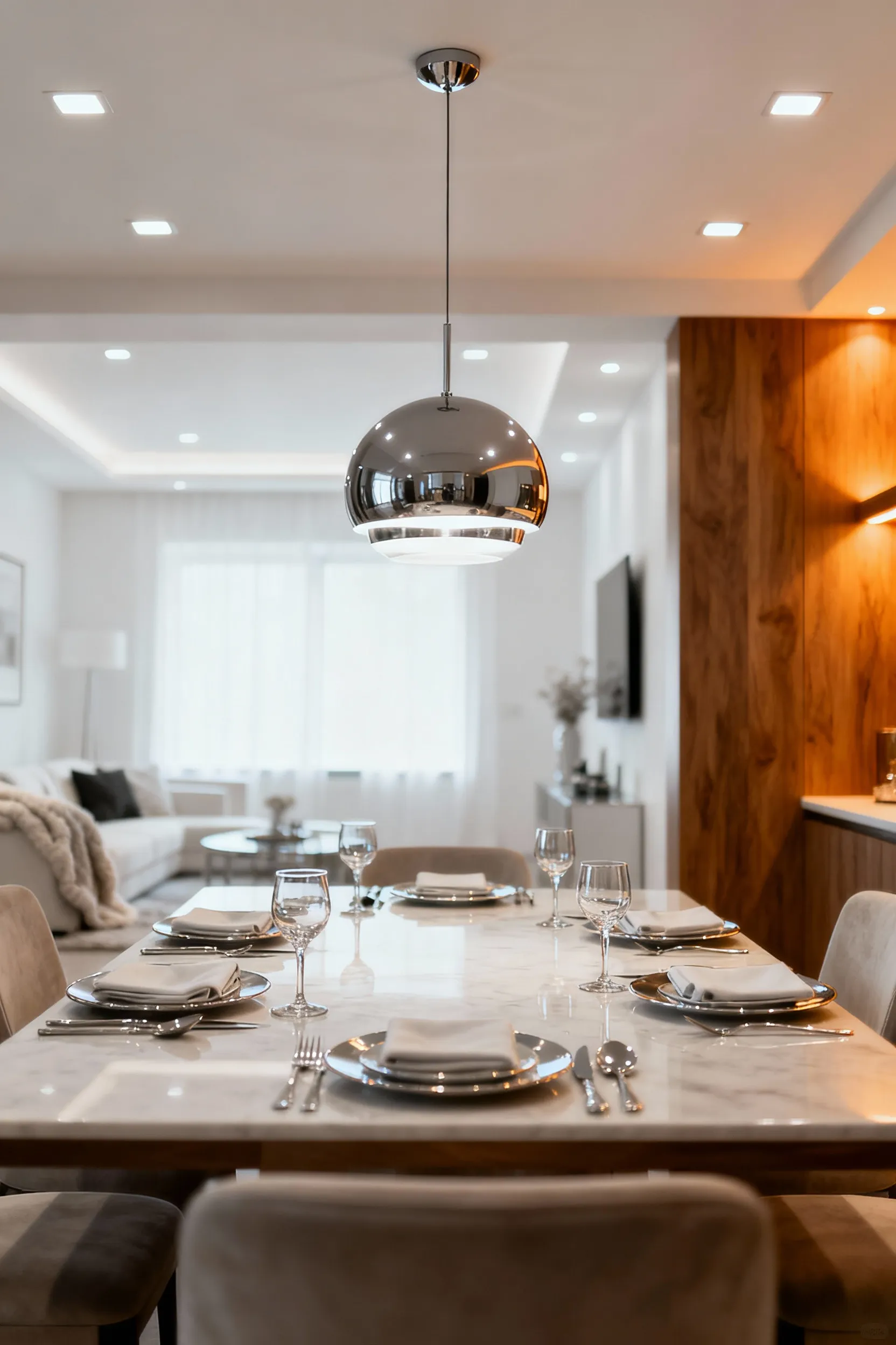 Dining room showing two lighting zones, one with warm 2700K light and the other with neutral 3500K light, illustrating different ambiances.