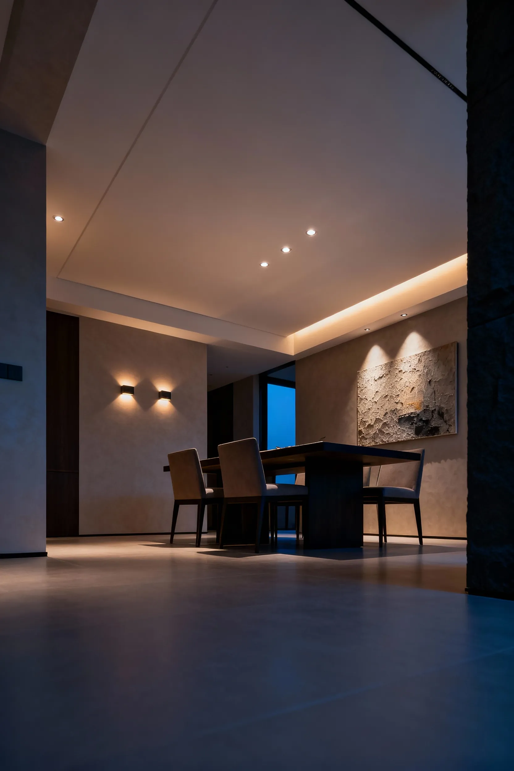 Elegant dining room at dusk with ambient and accent recessed lighting creating a warm and sophisticated atmosphere on the walls and furniture.