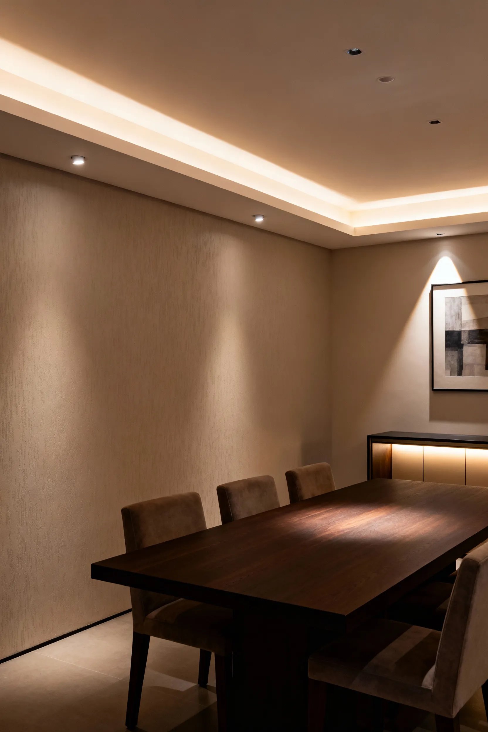 Elegant dining room showcasing three-point layered lighting with ambient, task, and accent lights illuminating the table and a wall art.