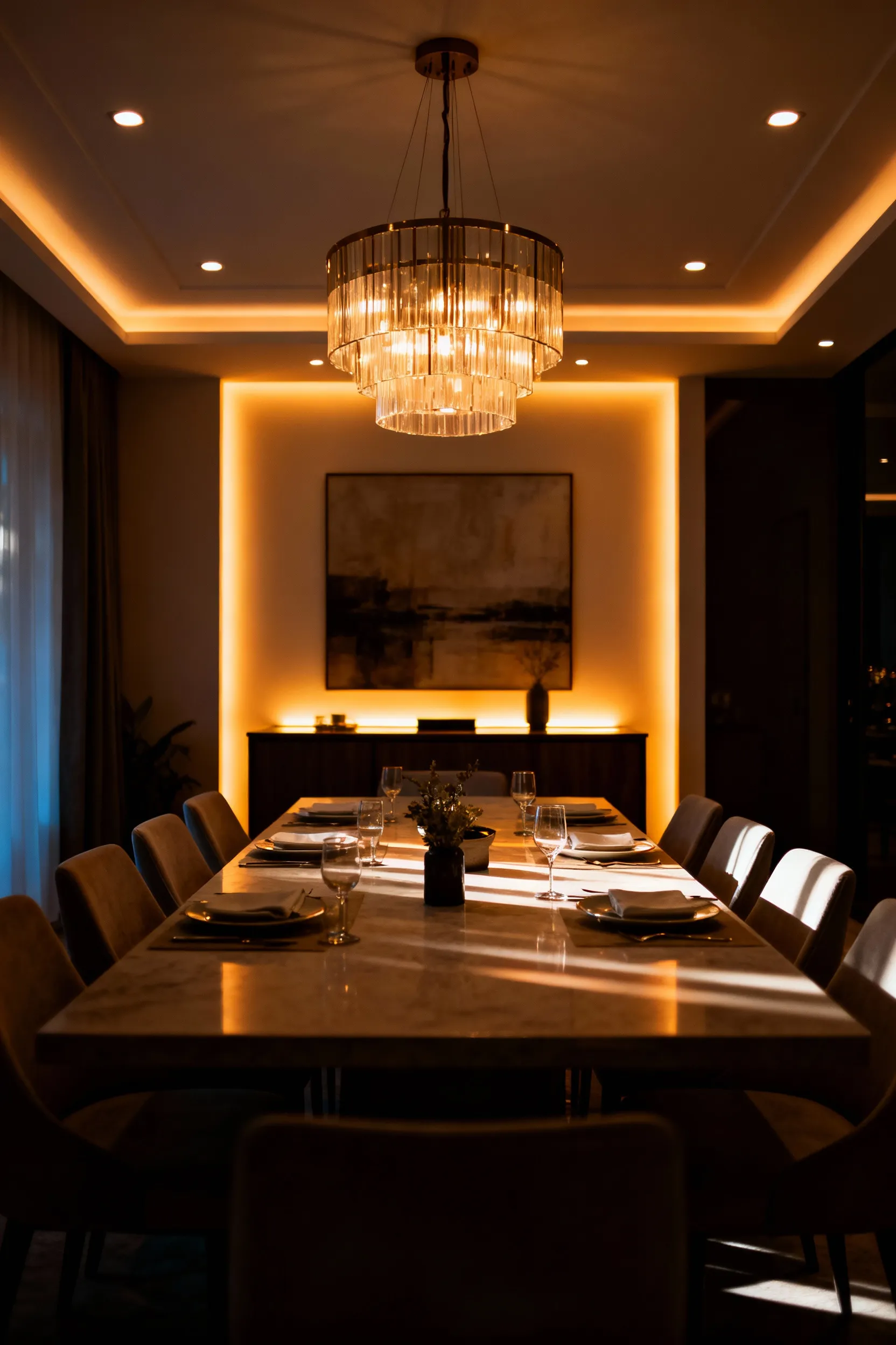 Elegant dining room with modern chandelier and recessed lighting, showing a warm pre-programmed smart lighting scene for an evening meal, controlled by a smart lighting system.