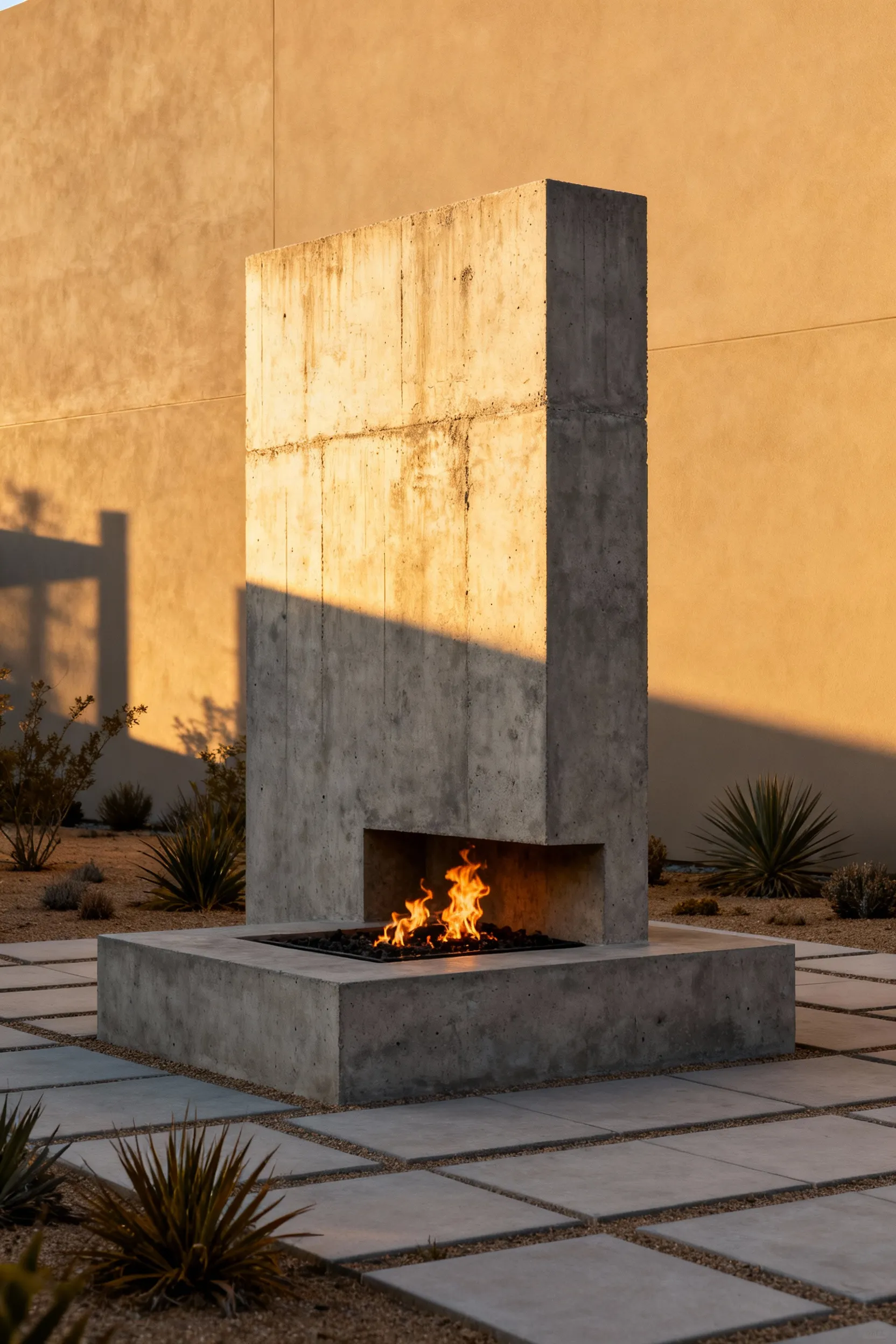 A portrait shot of a monumental brutalist architectural concrete firepit at sunset in a modern backyard, highlighting its robust texture and minimalist design.