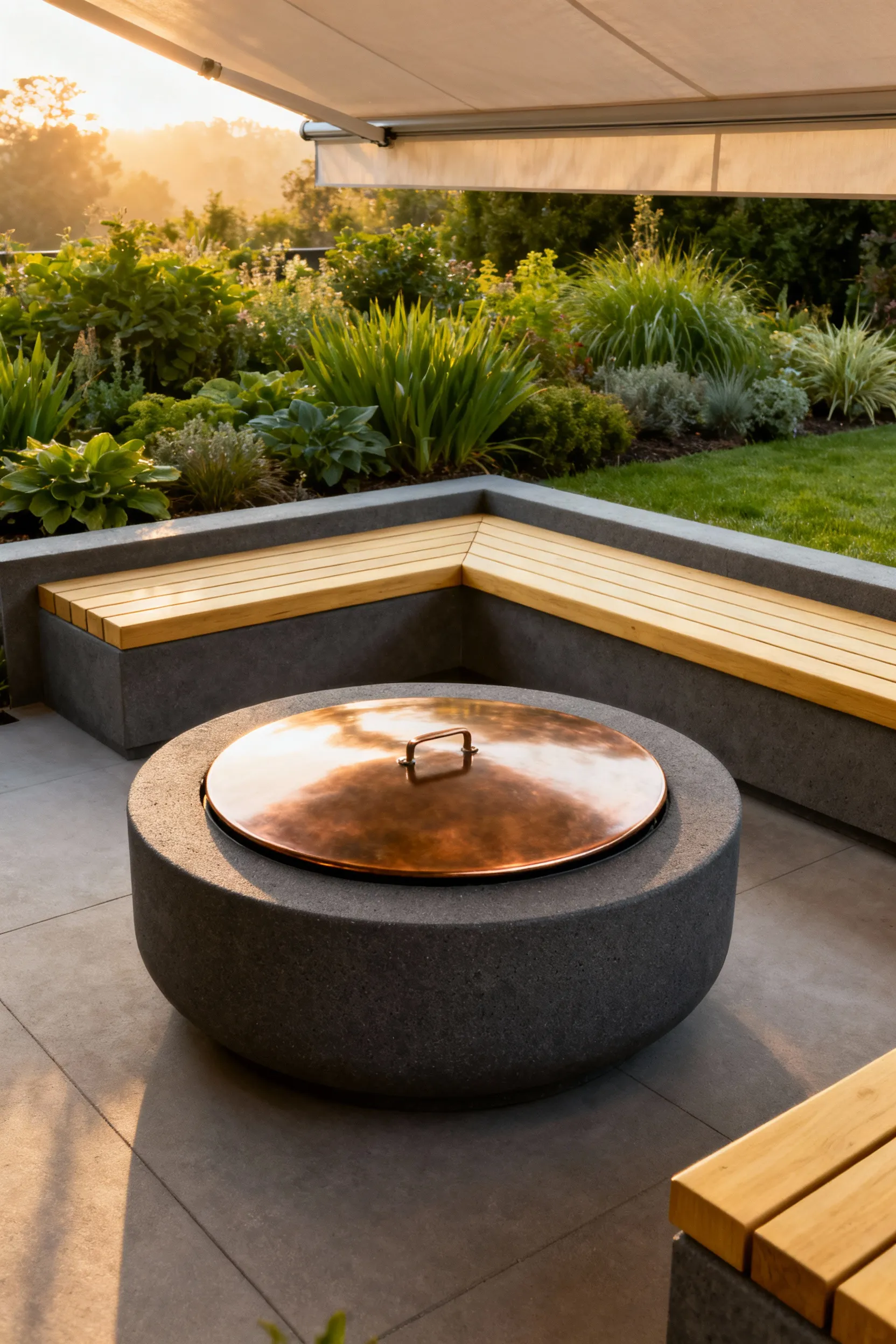 Modern backyard firepit with a custom polished bronze cover serving as a table, integrated teak bench seating, and retractable awning for year-round seasonal adaptability and protection.
