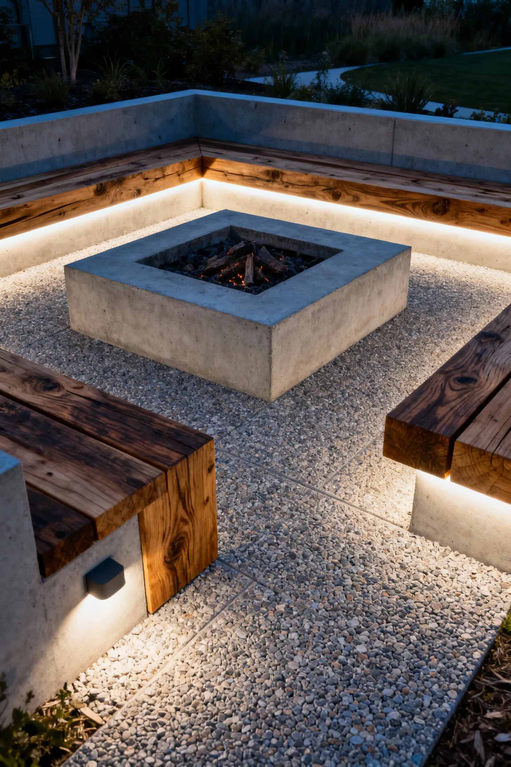 Modern backyard firepit with integrated LED lighting under cedar seating and subtle path lights, creating a layered evening glow on concrete and wood textures.