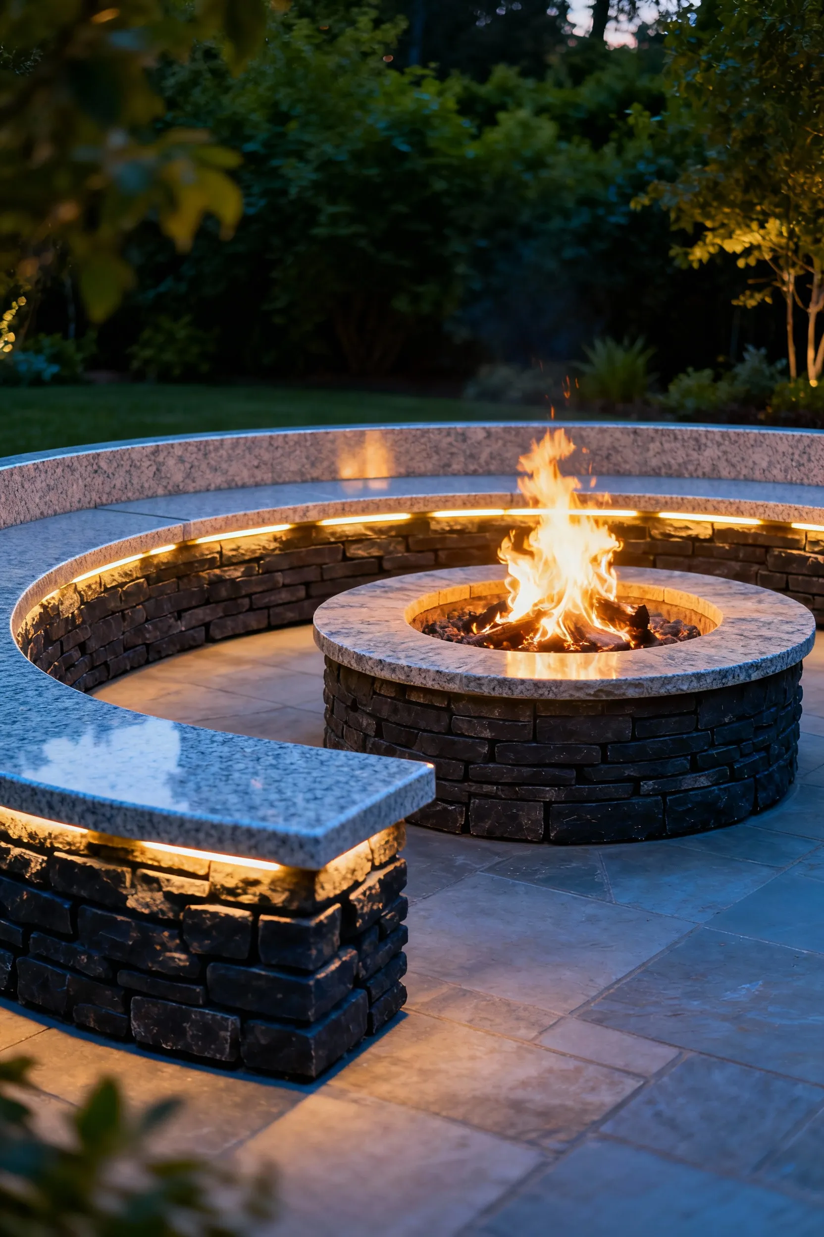 Custom-designed L-shaped concrete and stone benches integrated around a modern outdoor firepit area at twilight, showing seamless backyard seating solutions.