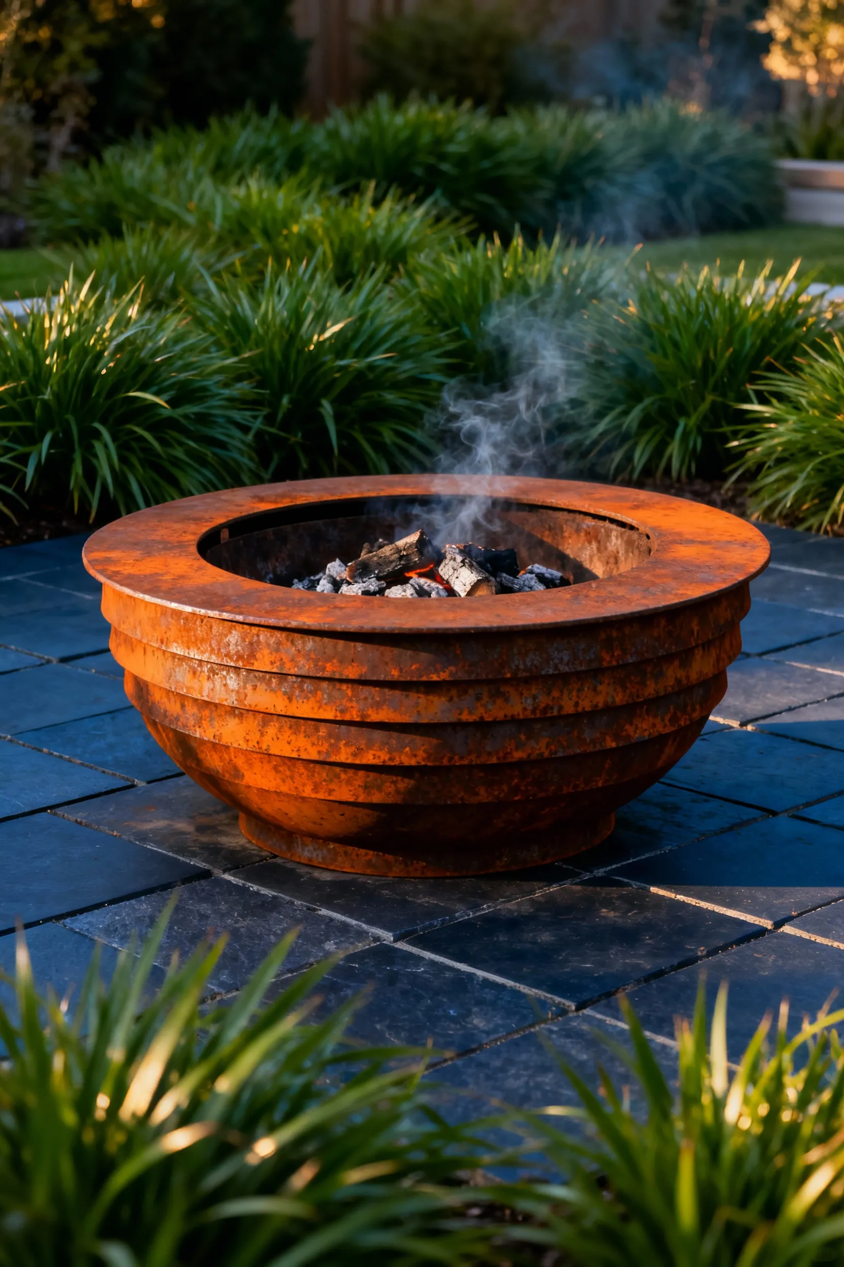 Corten steel firepit with rich orange-brown patina in a modern backyard, showing weathered metal texture and deep evolving color.