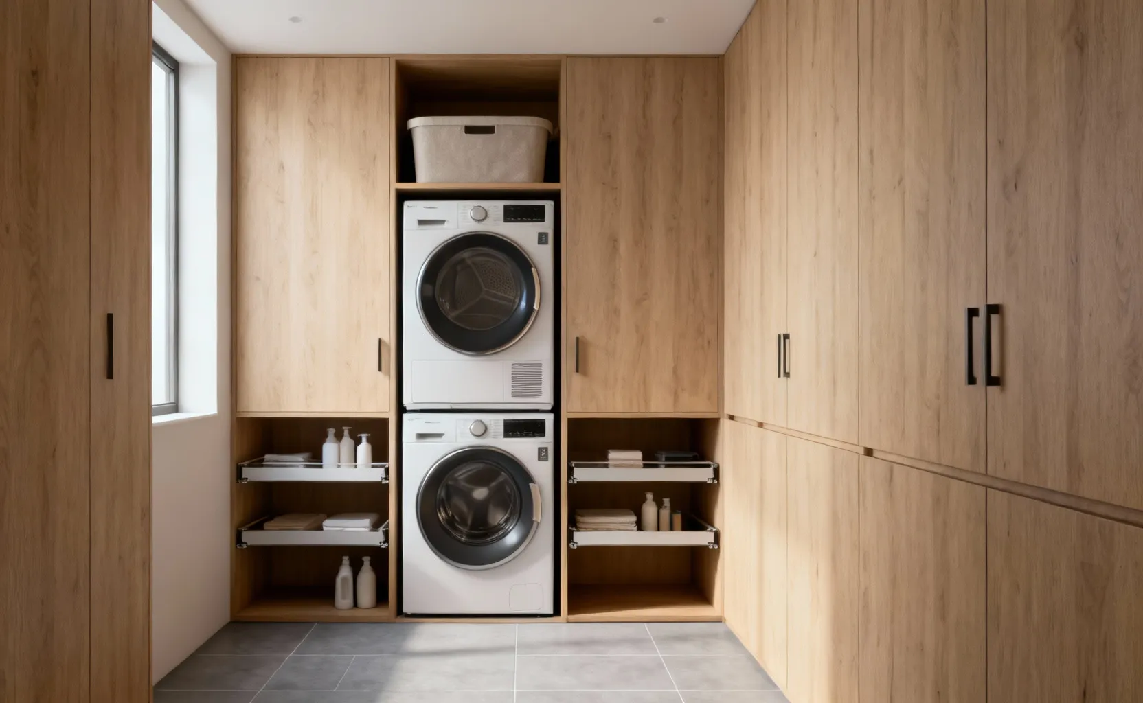 Stacked washer and dryer unit integrated into custom cabinetry in a bright, modern mudroom-laundry room.