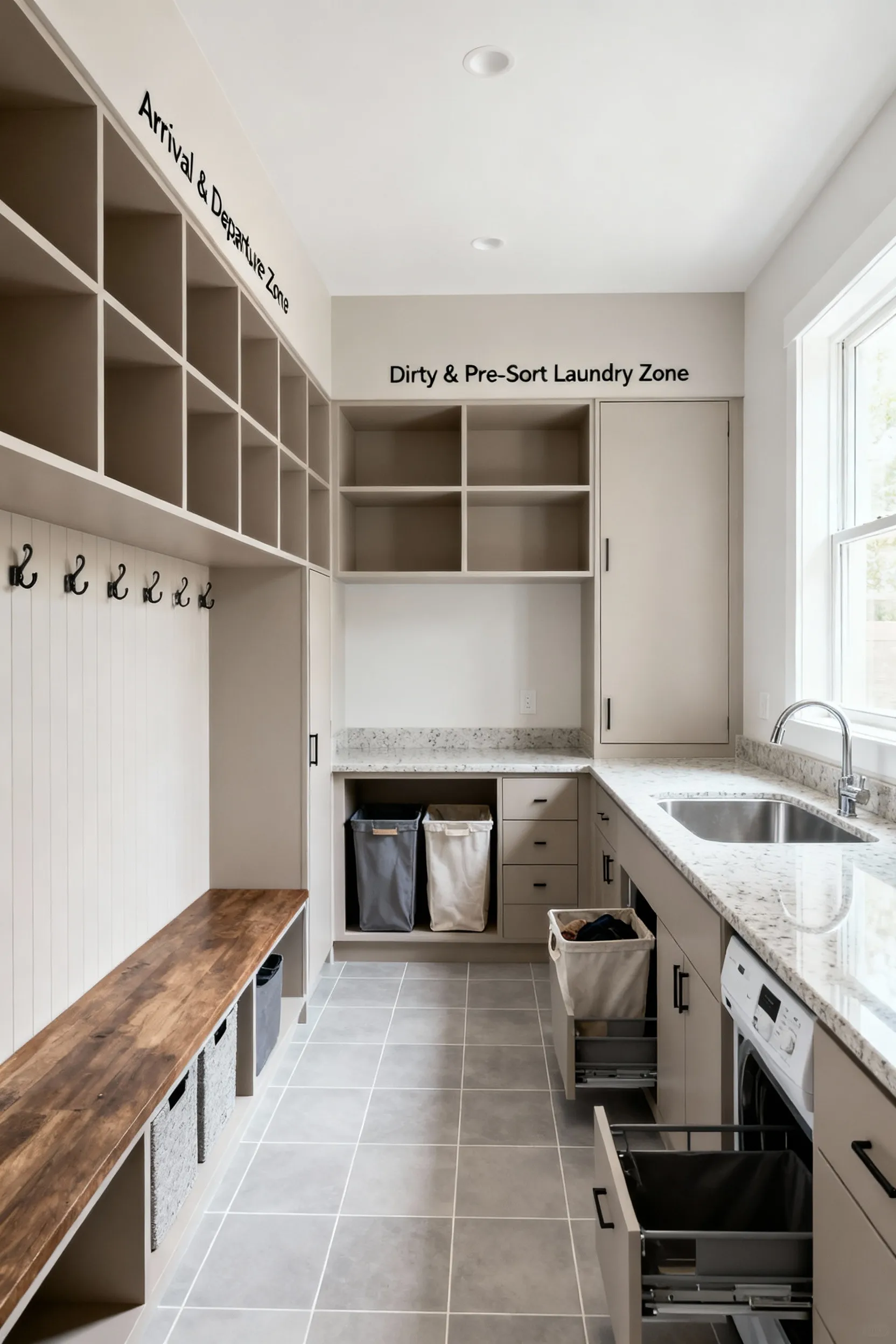 A beautifully organized mudroom and laundry room featuring a distinct arrival zone with built-in storage, bench, and hooks, seamlessly transitioning into a pre-sort laundry zone with a utility sink and integrated hampers, all within a well-lit, modern space with durable flooring.