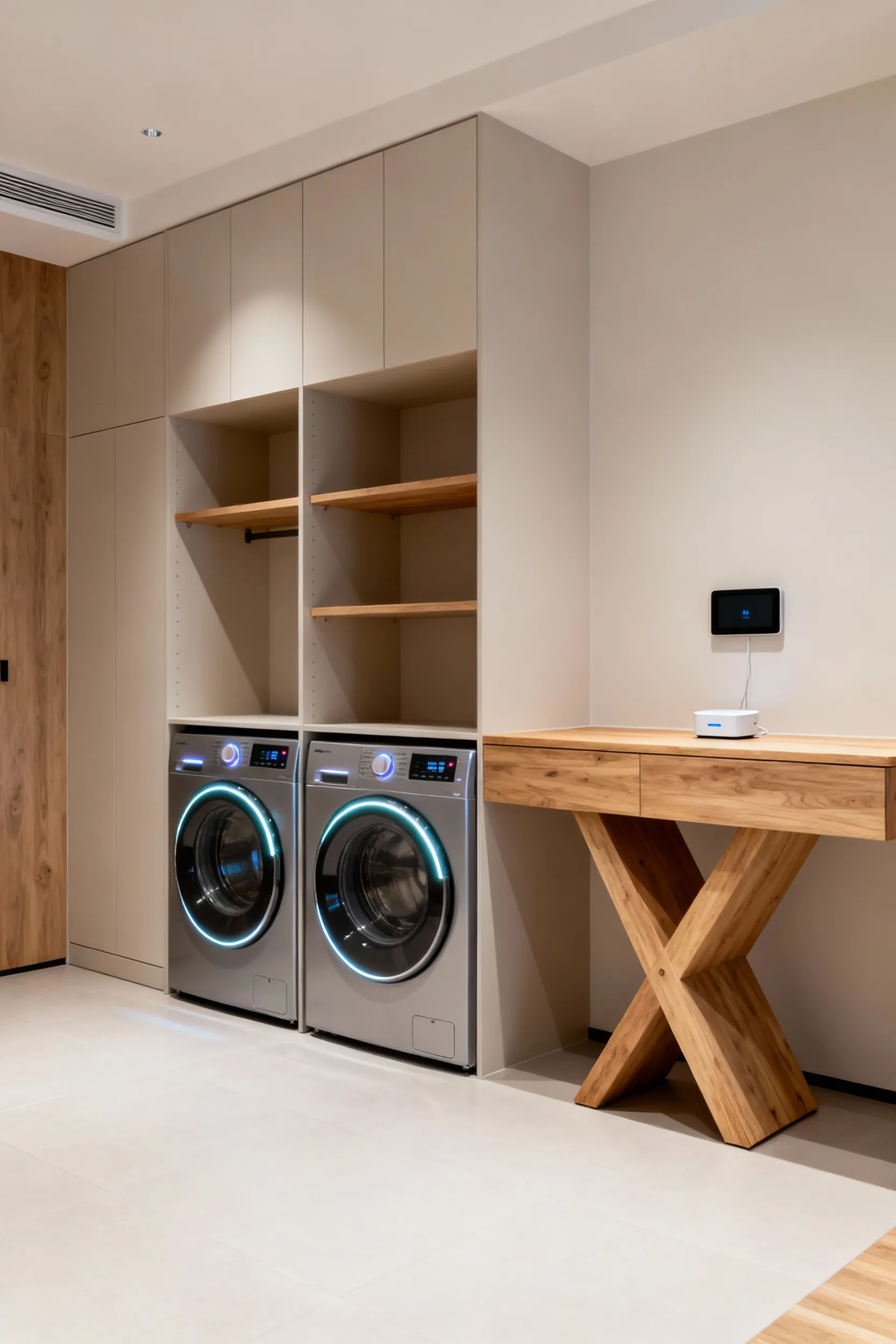 Portrait image of a modern mudroom-laundry room with smart washing machine and dryer, showing automated cycle features and sleek design.