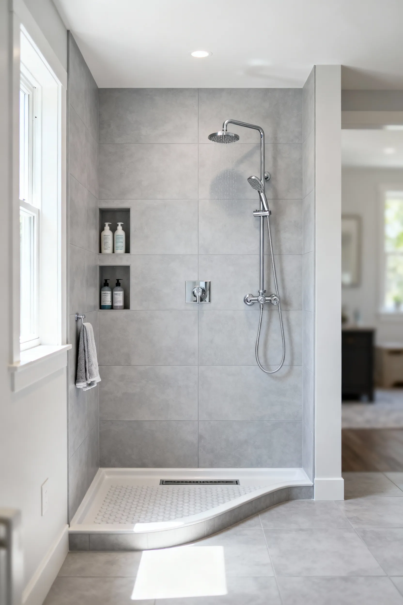 Modern mudroom pet cleaning zone with a walk-in shower, light grey tile, handheld sprayer, and built-in storage, designed for pet hygiene and efficiency.