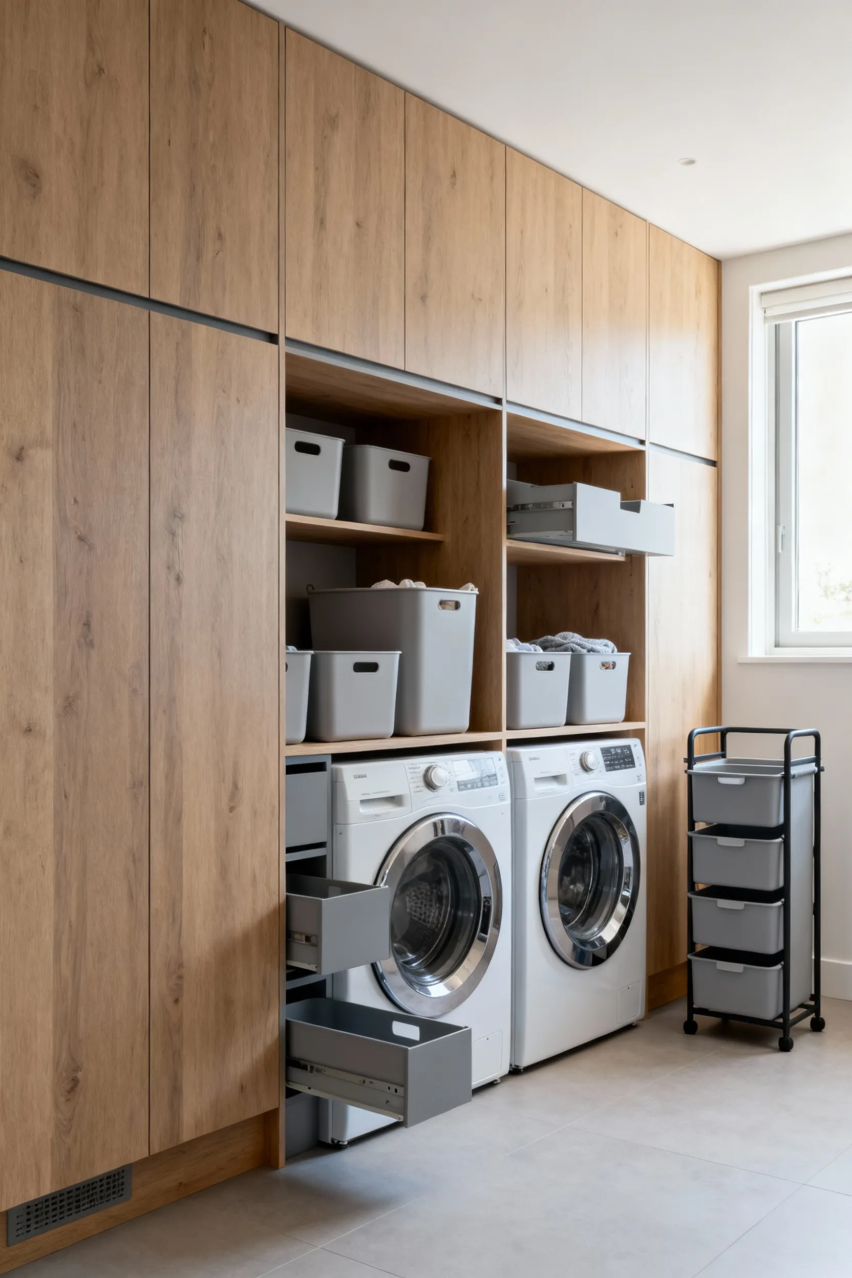 A beautifully organized mudroom featuring strategically positioned, integrated laundry hampers and stylish sorting bins in a modern, light-filled space.