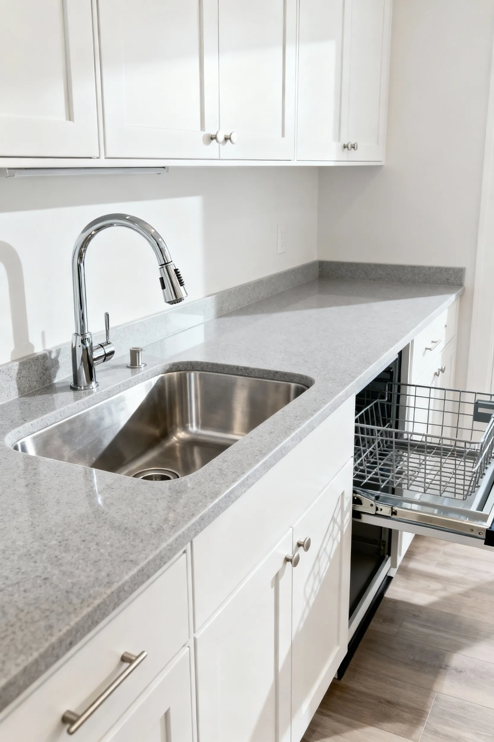 Modern mudroom-laundry room featuring an integrated deep stainless steel utility sink with a high-arc pull-down sprayer faucet, surrounded by custom white cabinetry and a practical countertop, ideal for pre-treating clothes and handwashing, without people or text.
