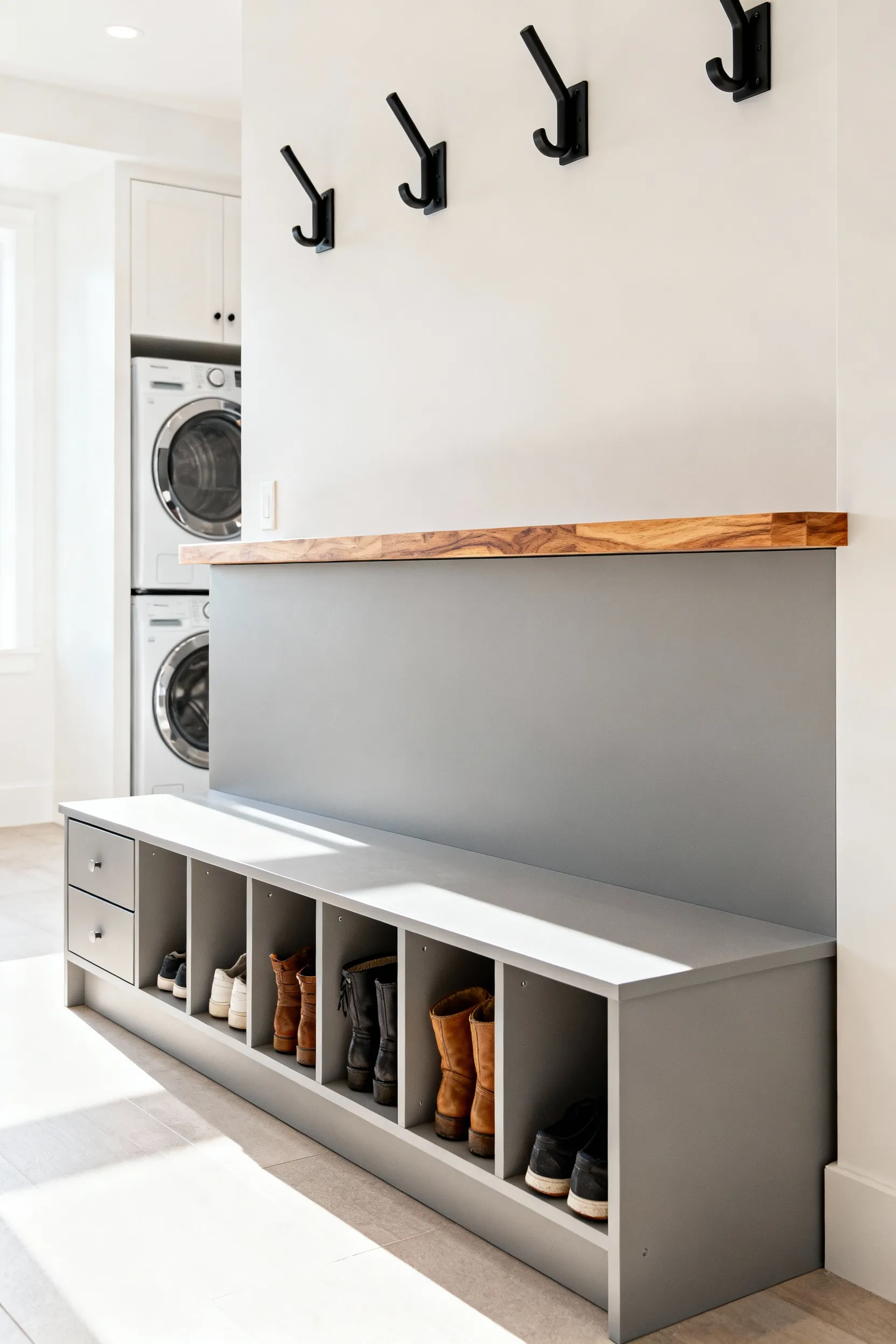 Modern mudroom featuring a durable grey bench with integrated storage cubbies for shoes, soft-close drawers, and natural wood countertop, set against light-colored walls in a clean, functional home.
