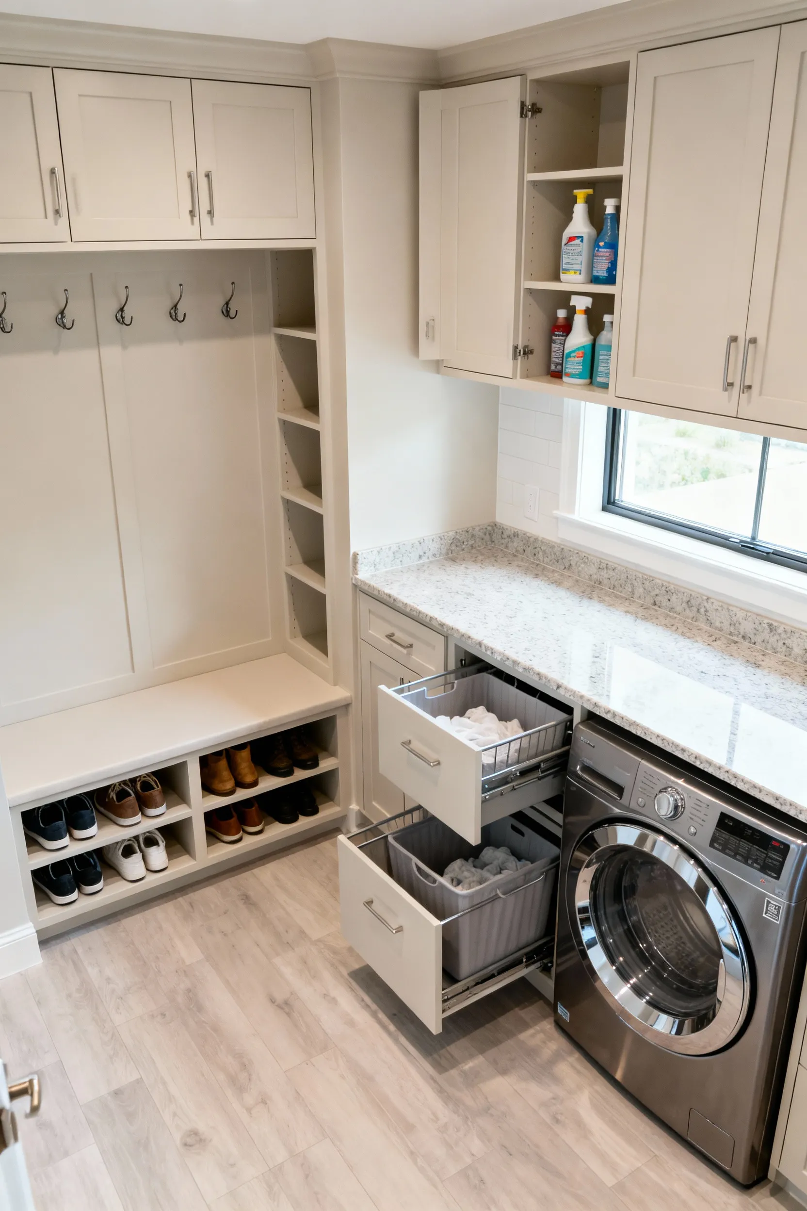 A professional photo of a modern mudroom and laundry room combo featuring custom-built, floor-to-ceiling cabinetry with integrated storage, pull-out laundry hampers, a folding counter, and a built-in bench with shoe storage, all designed for optimal ergonomics and efficiency.