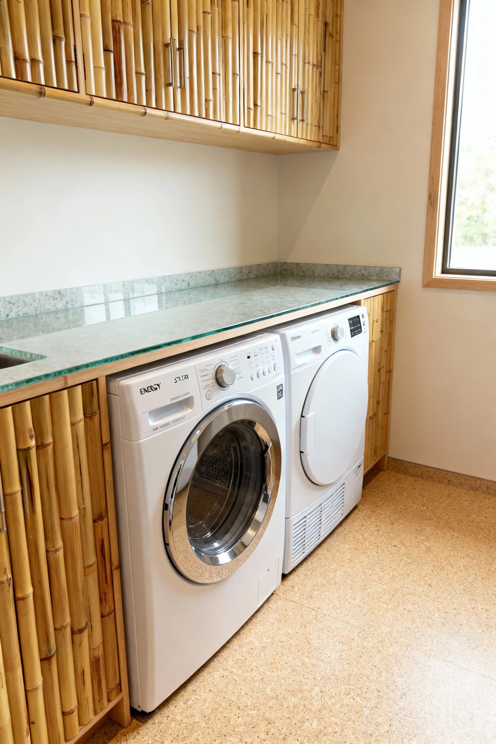 Portrait view of a bright, modern mudroom and laundry room featuring light-toned bamboo cabinetry, recycled rubber flooring, and visible energy-efficient front-load washer and dryer, showcasing sustainable design choices.