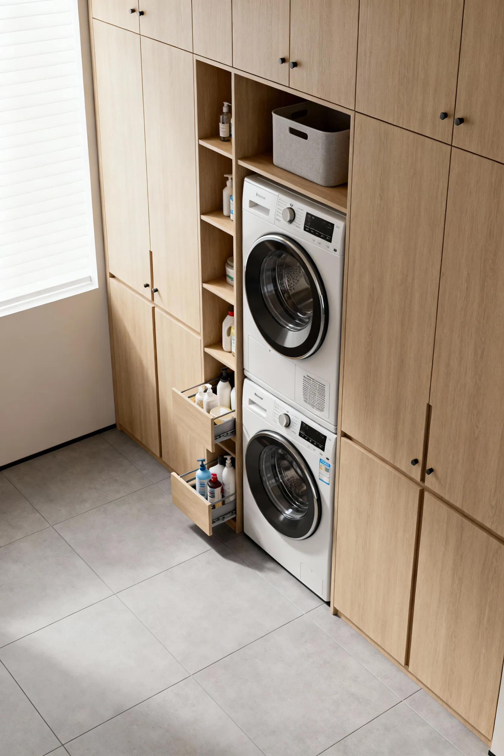 Stacked washer and dryer unit integrated into custom cabinetry in a bright, modern mudroom-laundry room.
