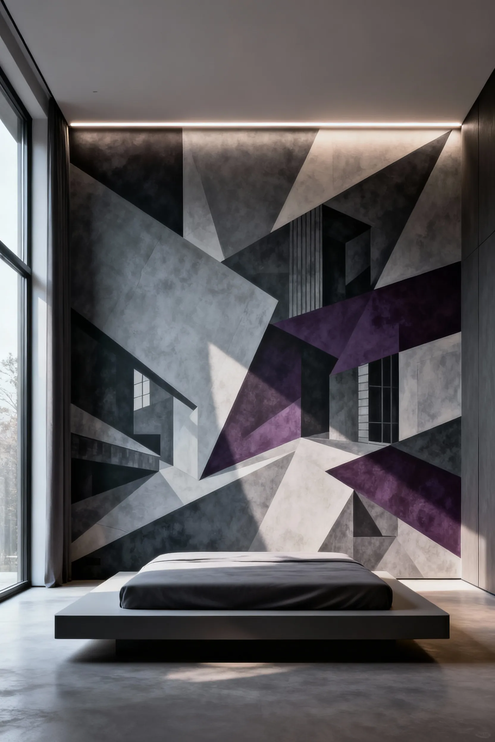 Modern bedroom with an accent wall featuring deconstructivist geometric wallpaper in charcoal and aubergine tones, creating dynamic calm and visual depth.